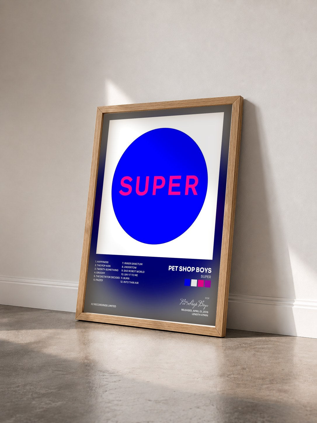 #bois Tableau de l'album Super de Pet Shop Boys vu de trois quarts, cadre en bois brut