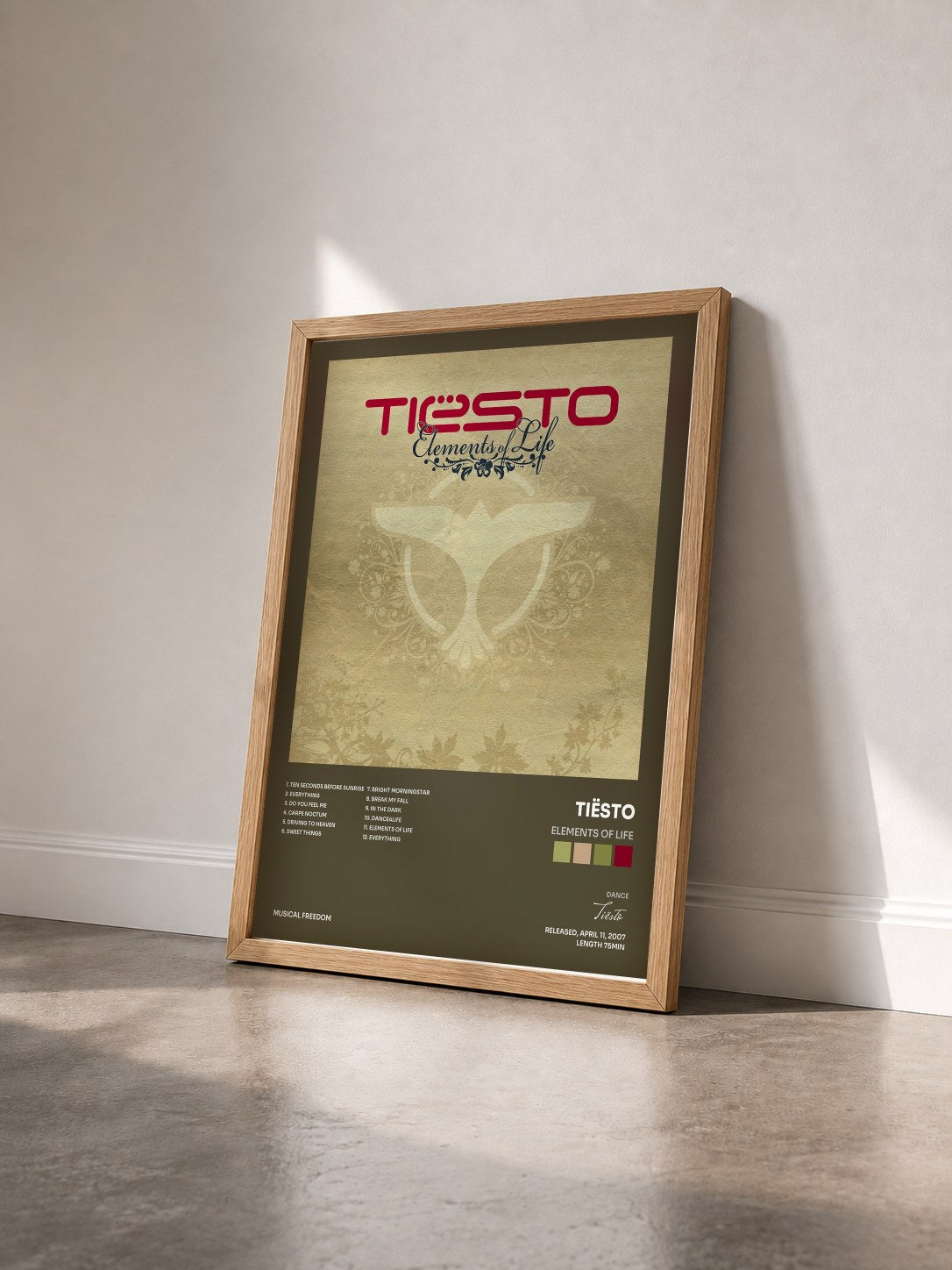 #bois Tableau de l'album Elements Of Life de Tiësto vu de trois quarts, cadre en bois brut