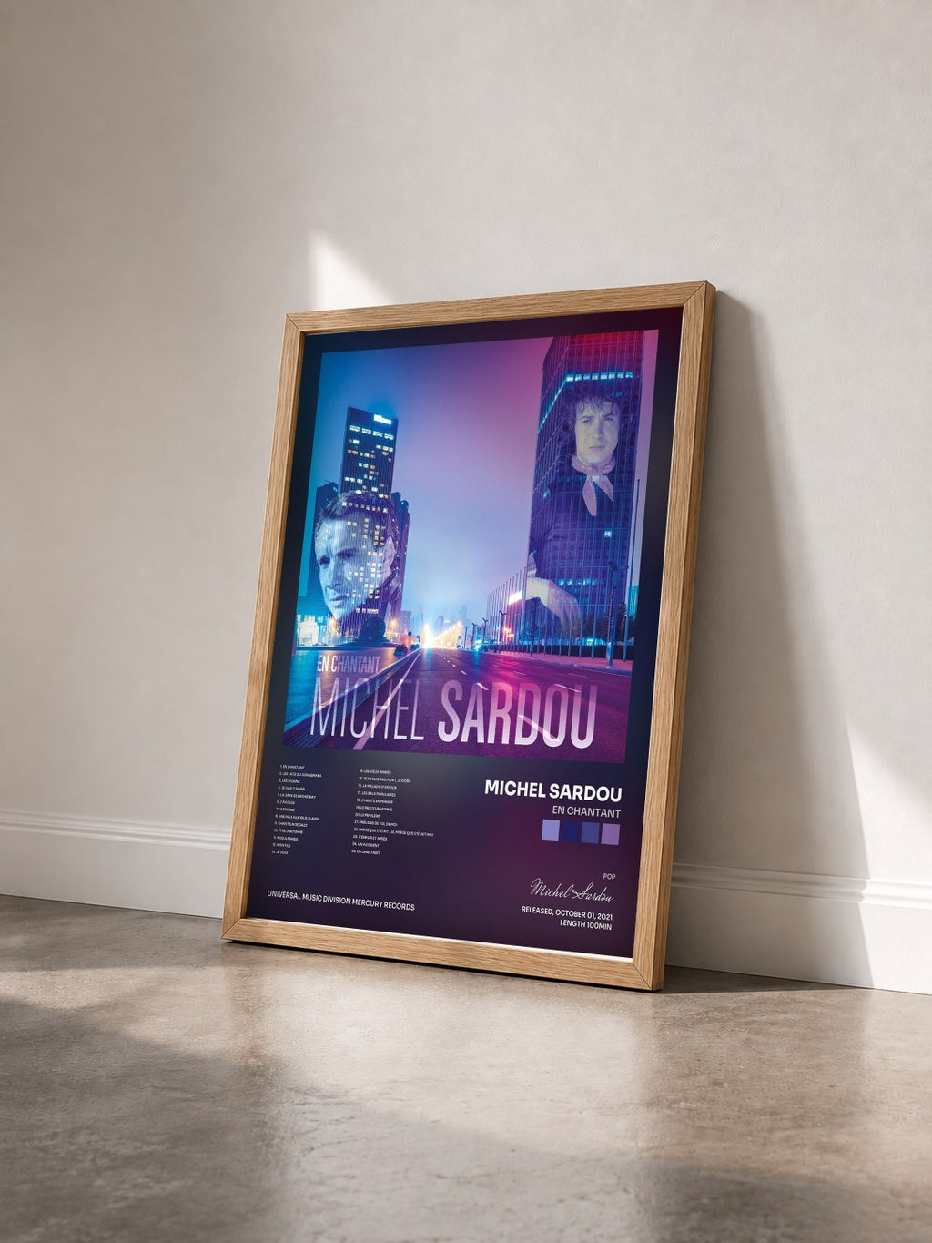 #bois Tableau de l'album En chantant de Michel Sardou vu de trois quarts, cadre en bois brut
