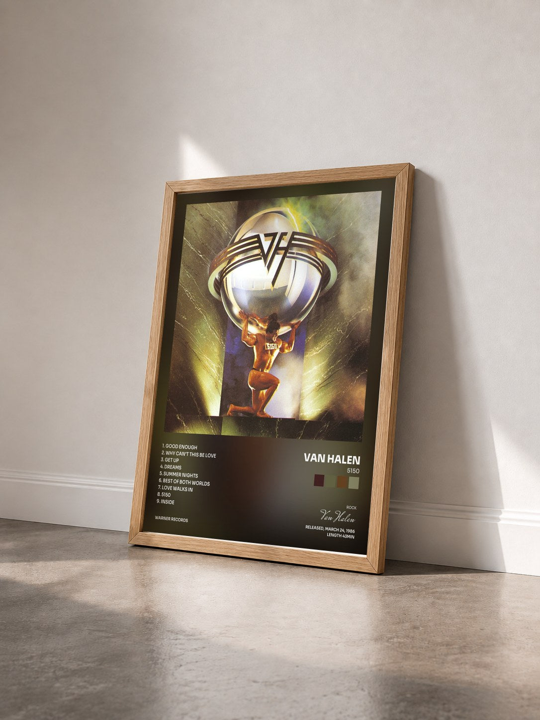 #bois Tableau de l'album 5150 de Van Halen vu de trois quarts, cadre en bois brut