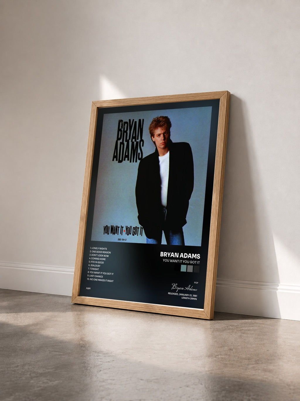 #bois Tableau de l'album You Want It You Got It de Bryan Adams vu de trois quarts, cadre en bois brut