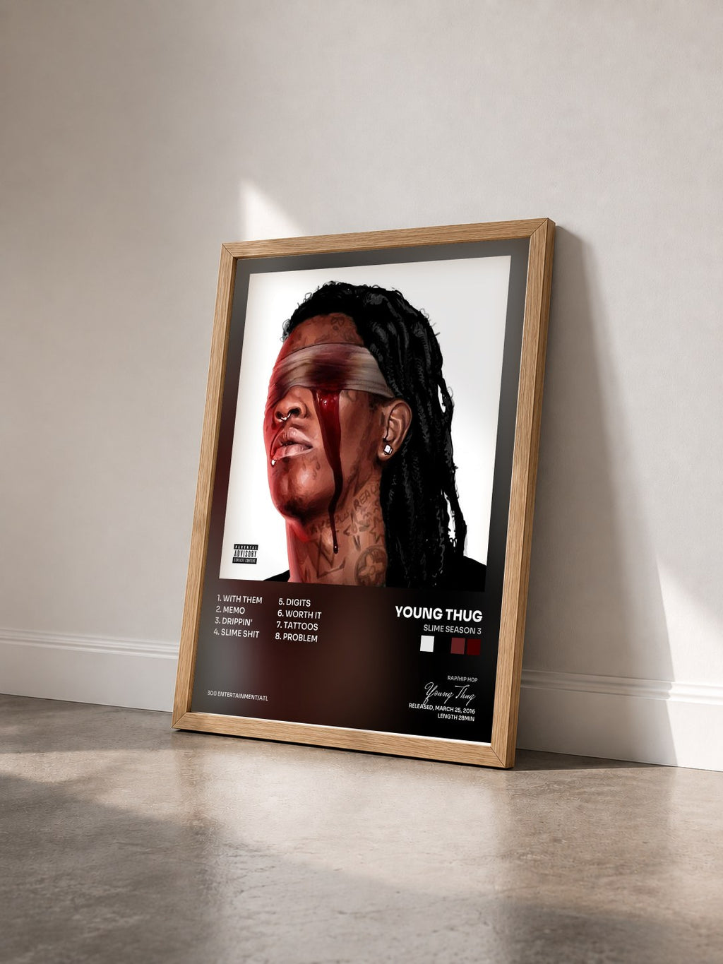 #bois Tableau de l'album Slime Season 3 de Young Thug vu de trois quarts, cadre en bois brut