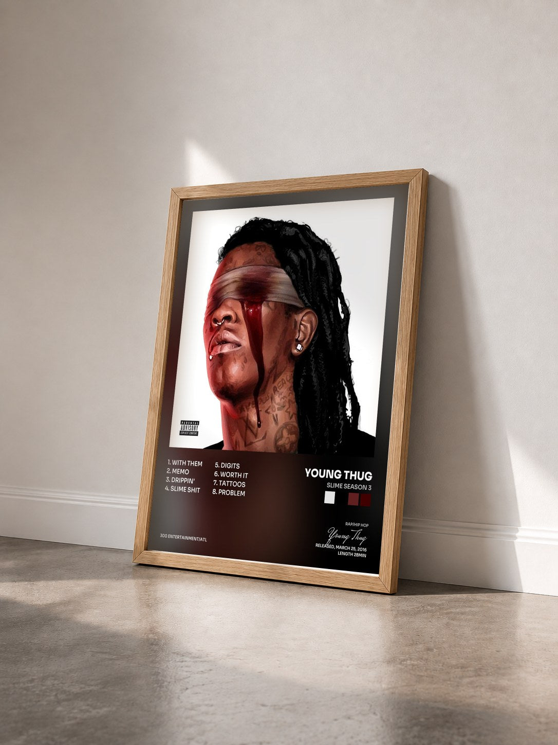 #bois Tableau de l'album Slime Season 3 de Young Thug vu de trois quarts, cadre en bois brut