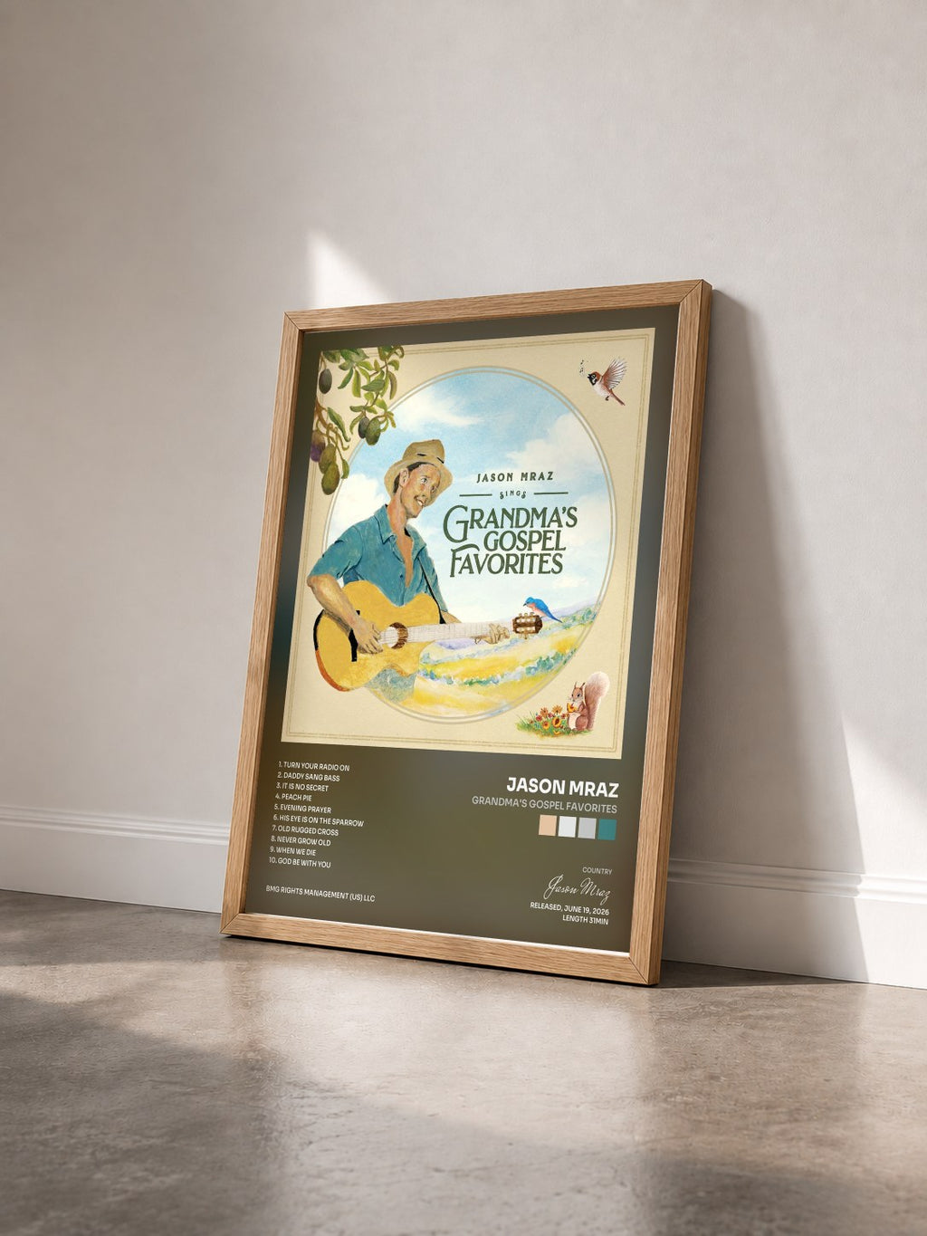 #bois Tableau de l'album Grandma's Gospel Favorites de Jason Mraz vu de trois quarts, cadre en bois brut