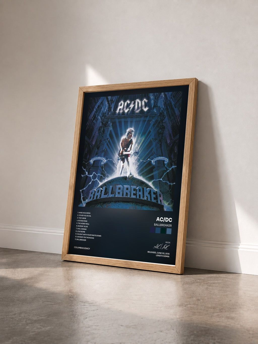 #bois Tableau de l'album Ballbreaker de AC/DC vu de trois quarts, cadre en bois brut