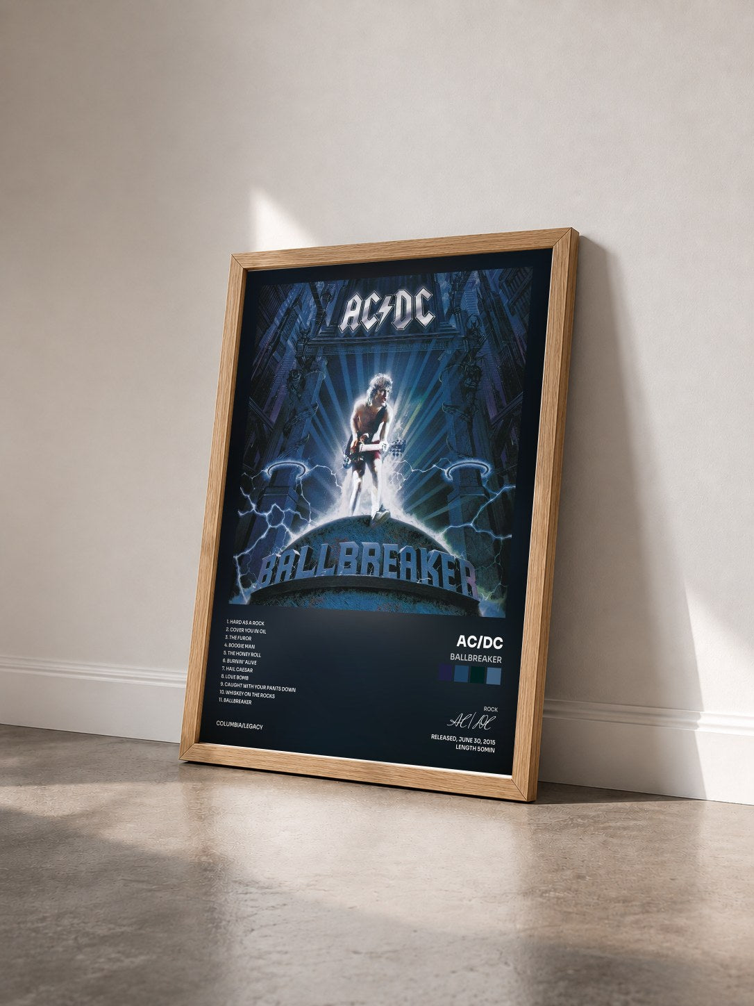 #bois Tableau de l'album Ballbreaker de AC/DC vu de trois quarts, cadre en bois brut