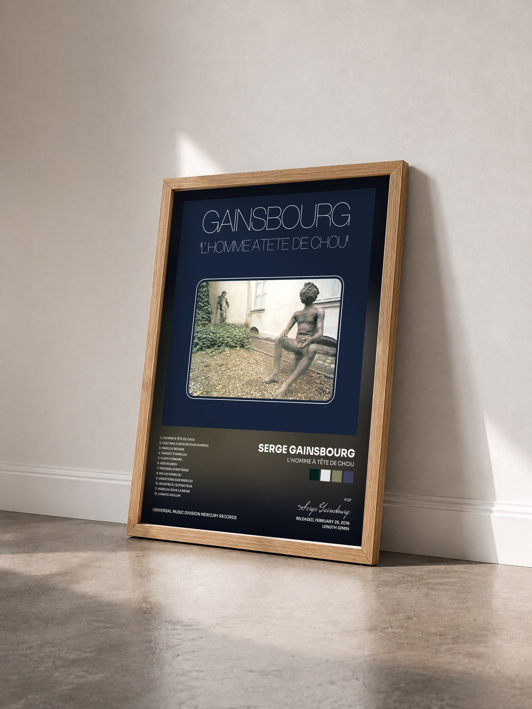 #bois Tableau de l'album L'homme à tête de chou de Serge Gainsbourg vu de trois quarts, cadre en bois brut