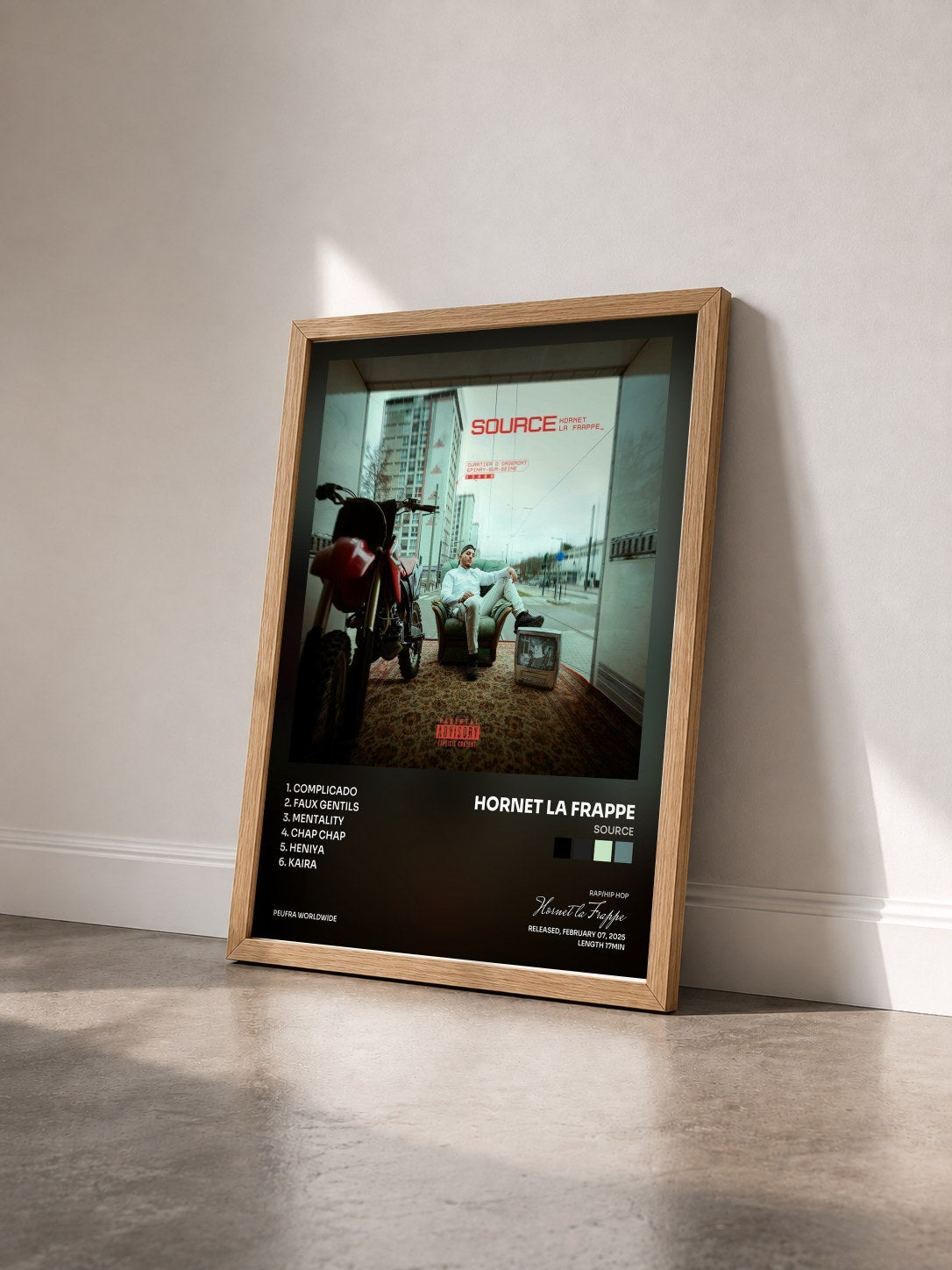 #bois Tableau de l'album SOURCE de Hornet la Frappe vu de trois quarts, cadre en bois brut