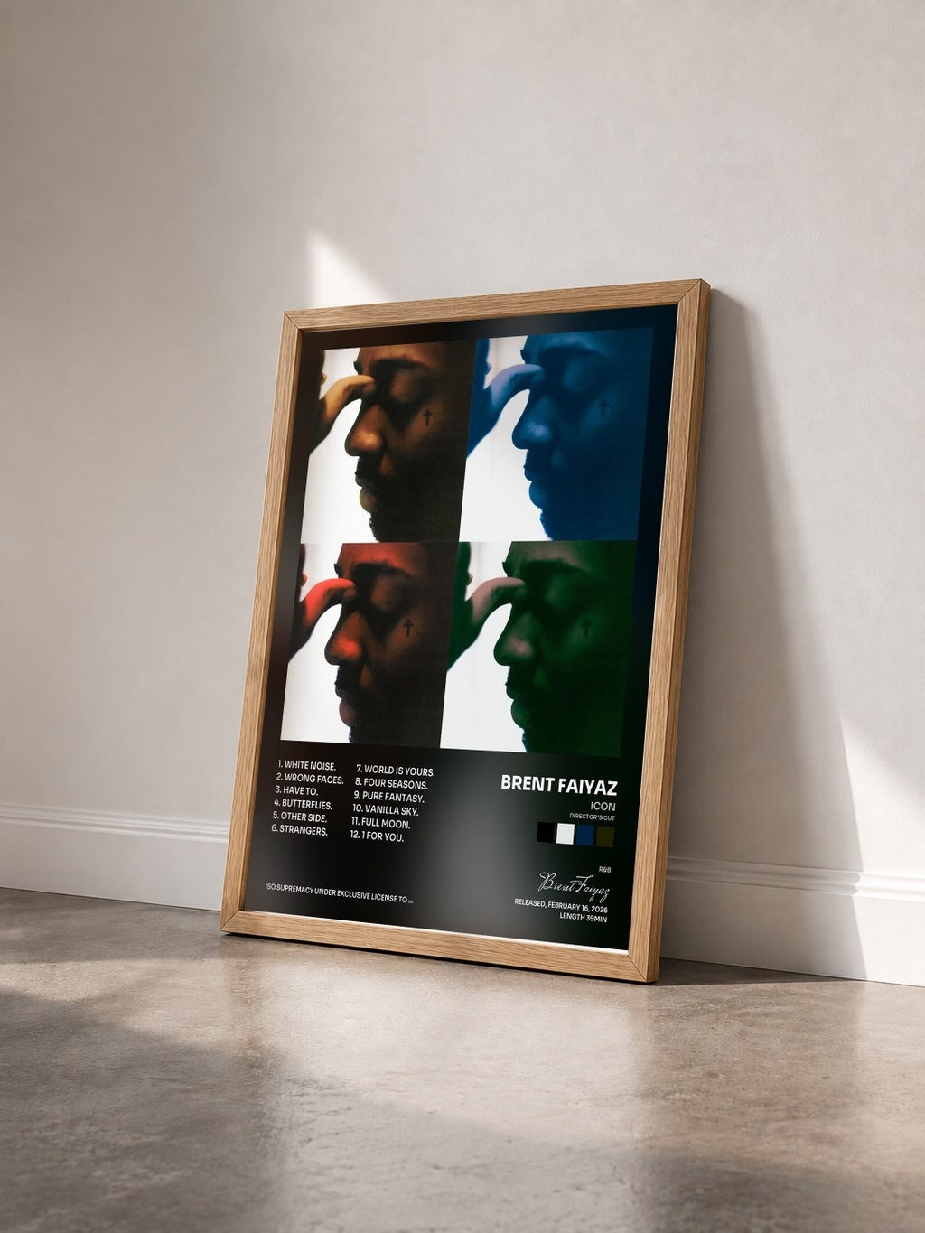 #bois Tableau de l'album Icon (Director's Cut) de Brent Faiyaz vu de trois quarts, cadre en bois brut