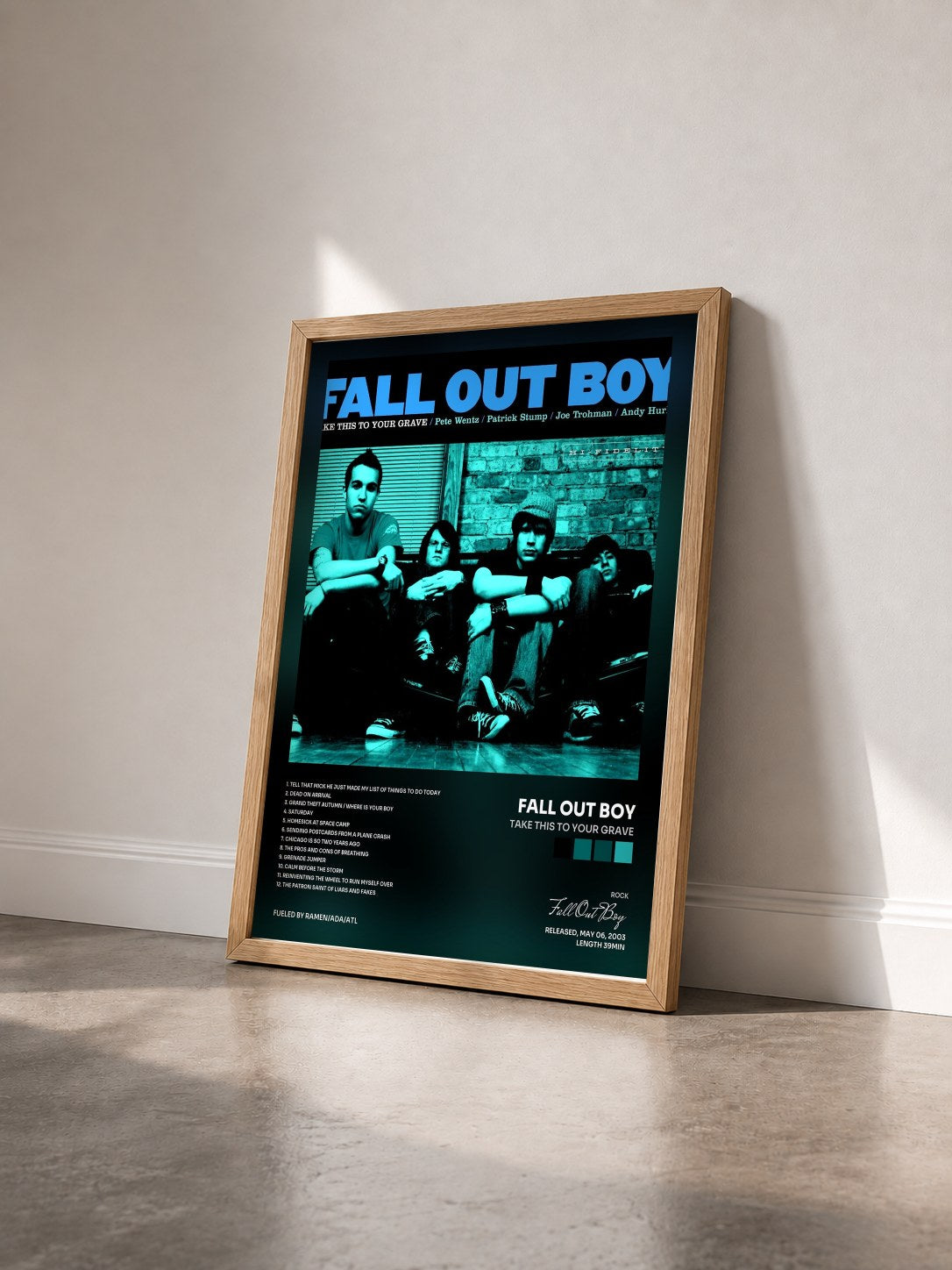 #bois Tableau de l'album Take This to Your Grave de Fall Out Boy vu de trois quarts, cadre en bois brut
