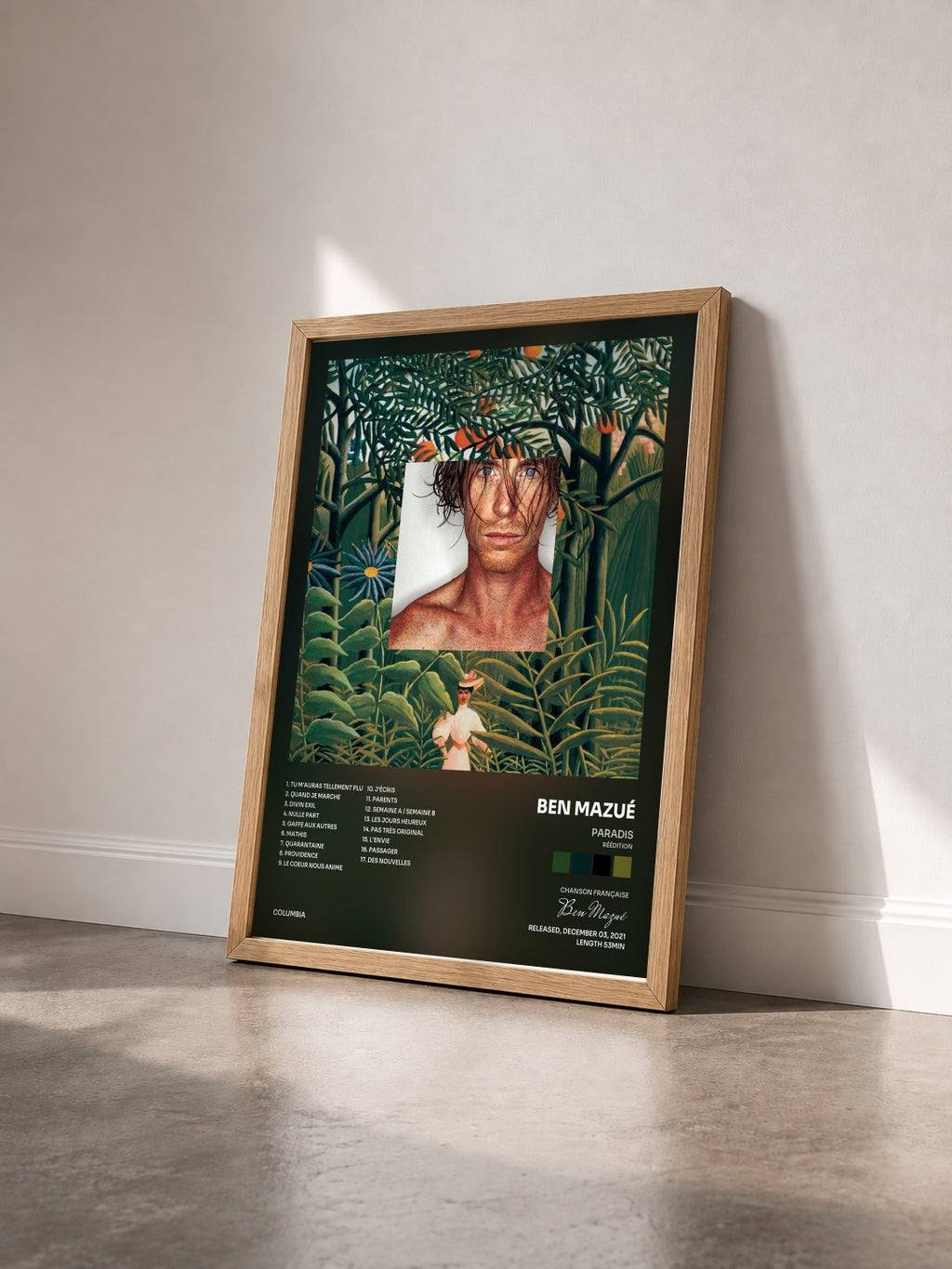 #bois Tableau de l'album Paradis (réédition) de Ben Mazué vu de trois quarts, cadre en bois brut