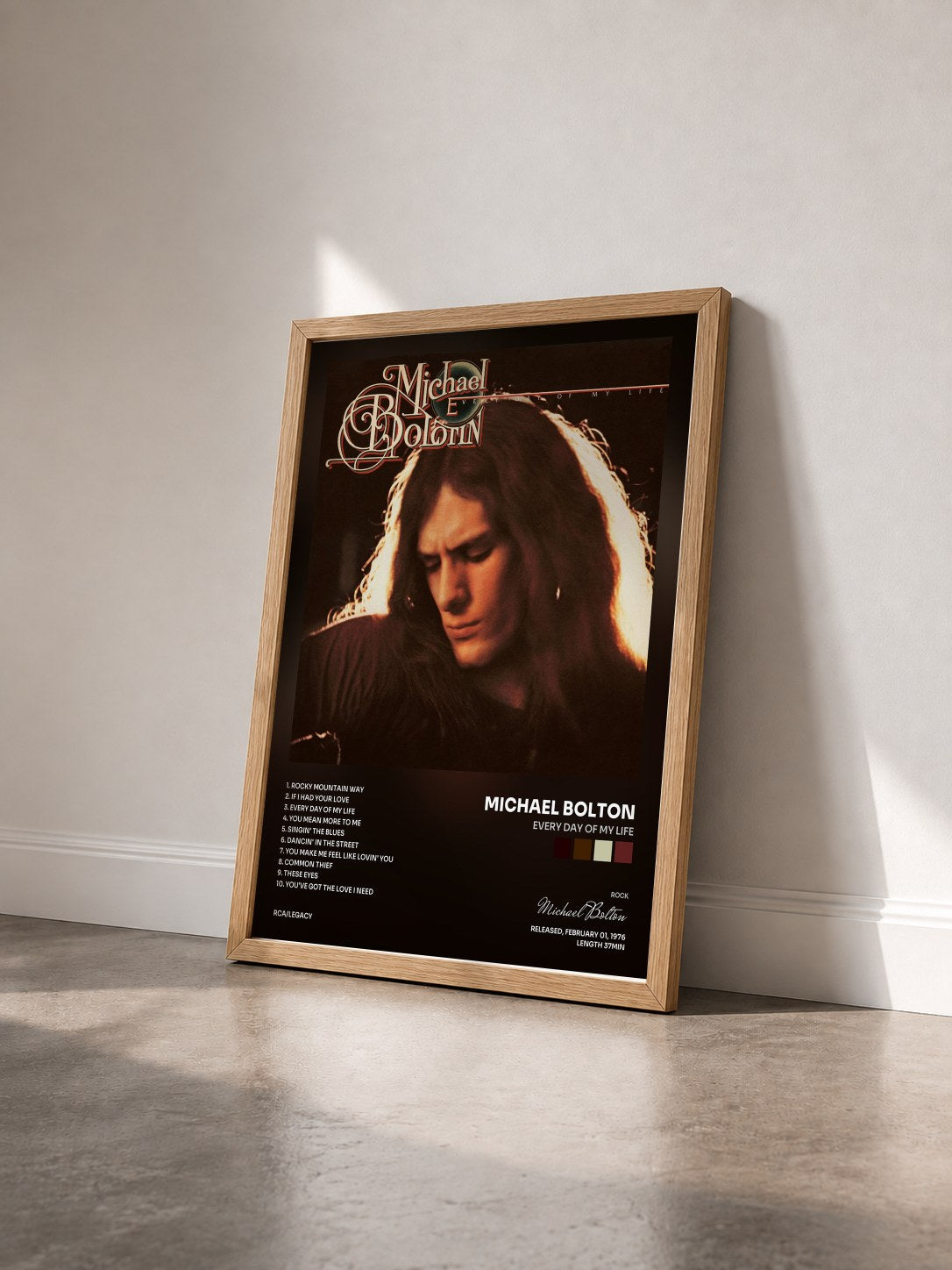#bois Tableau de l'album Every Day of My Life de Michael Bolton vu de trois quarts, cadre en bois brut