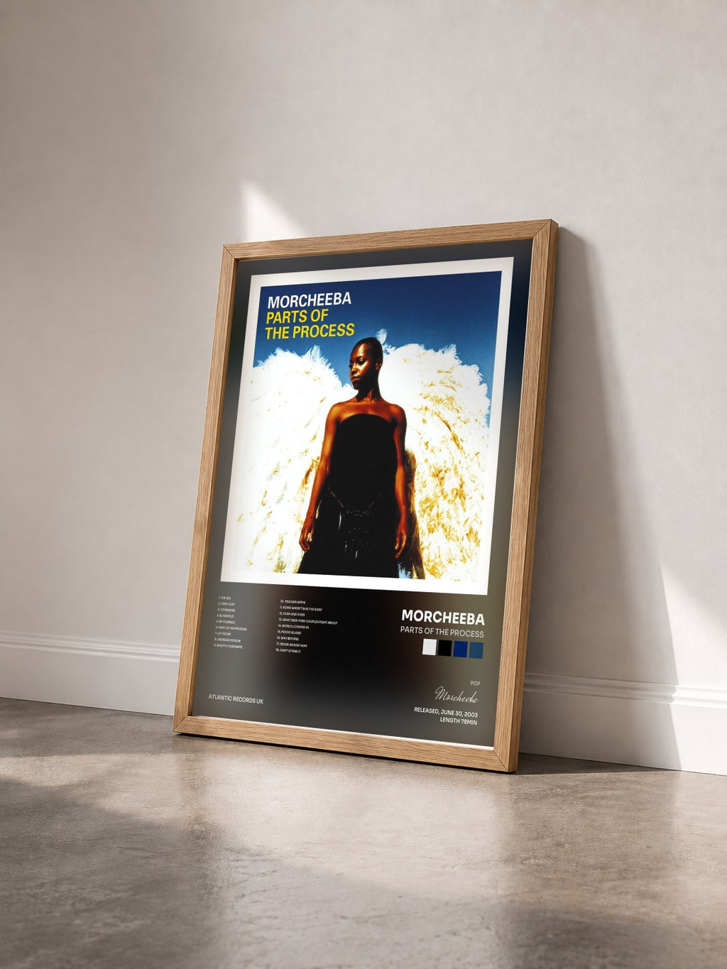 #bois Tableau de l'album Parts of the Process de Morcheeba vu de trois quarts, cadre en bois brut