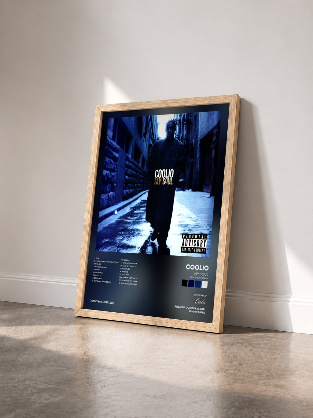 #bois Tableau de l'album My Soul (25th Anniversary) de Coolio vu de trois quarts, cadre en bois brut
