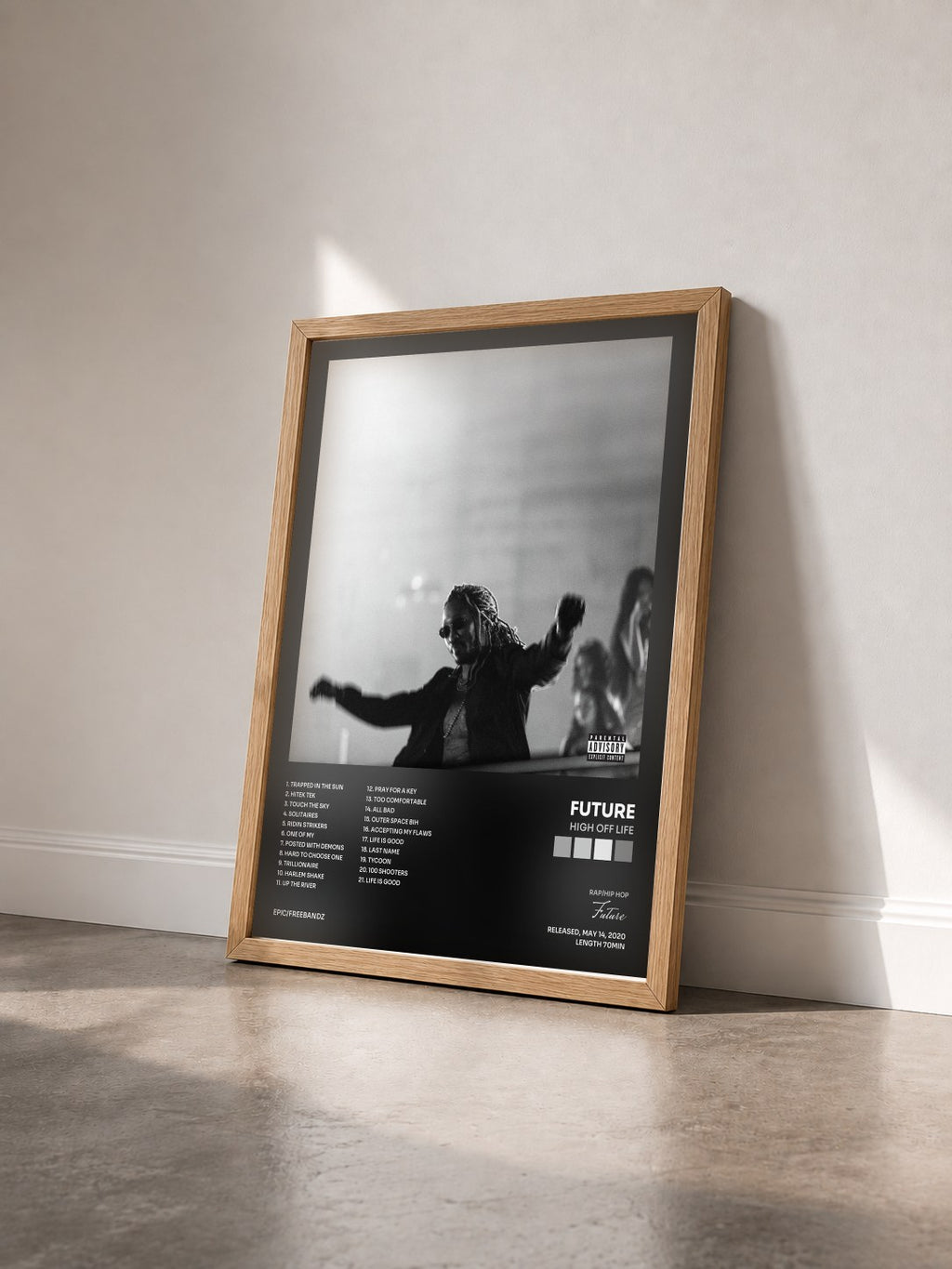 #bois Tableau de l'album High Off Life de Future vu de trois quarts, cadre en bois brut