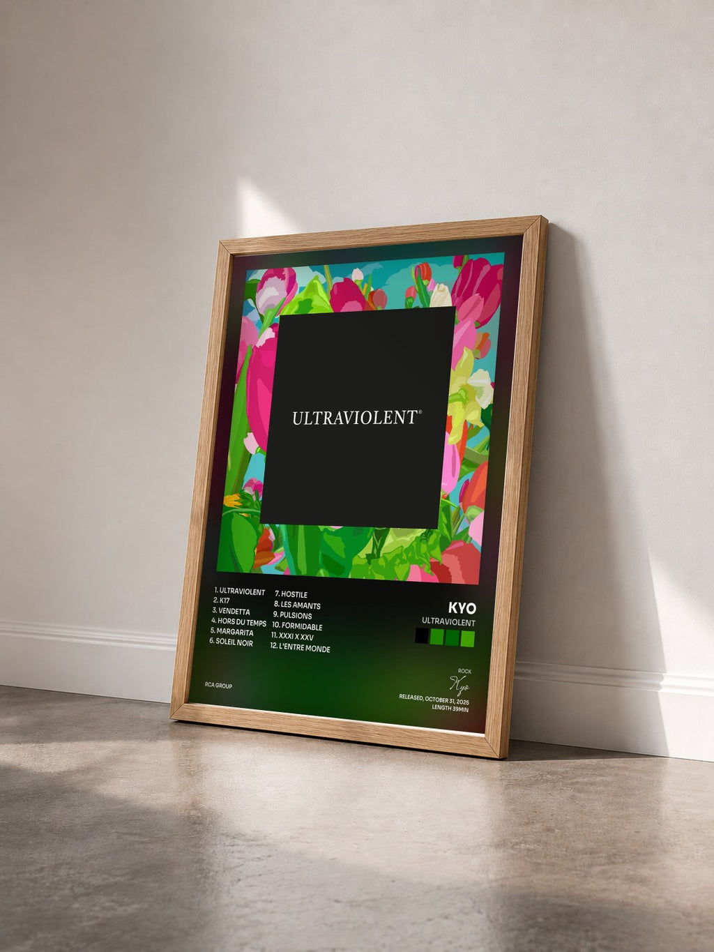 #bois Tableau de l'album ULTRAVIOLENT de Kyo vu de trois quarts, cadre en bois brut