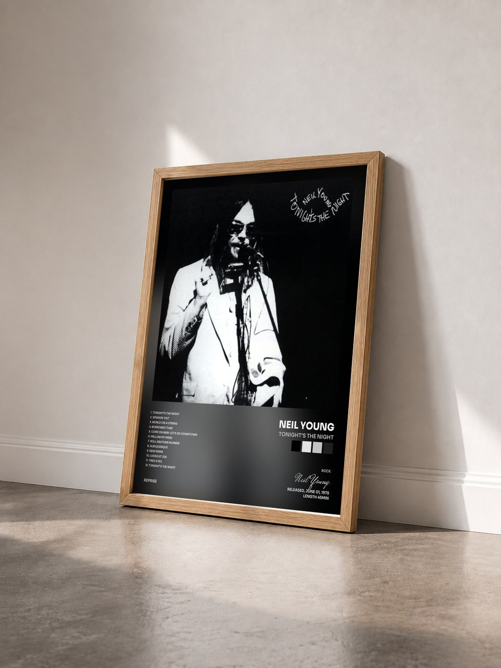 #bois Tableau de l'album Tonight's the Night de Neil Young vu de trois quarts, cadre en bois brut