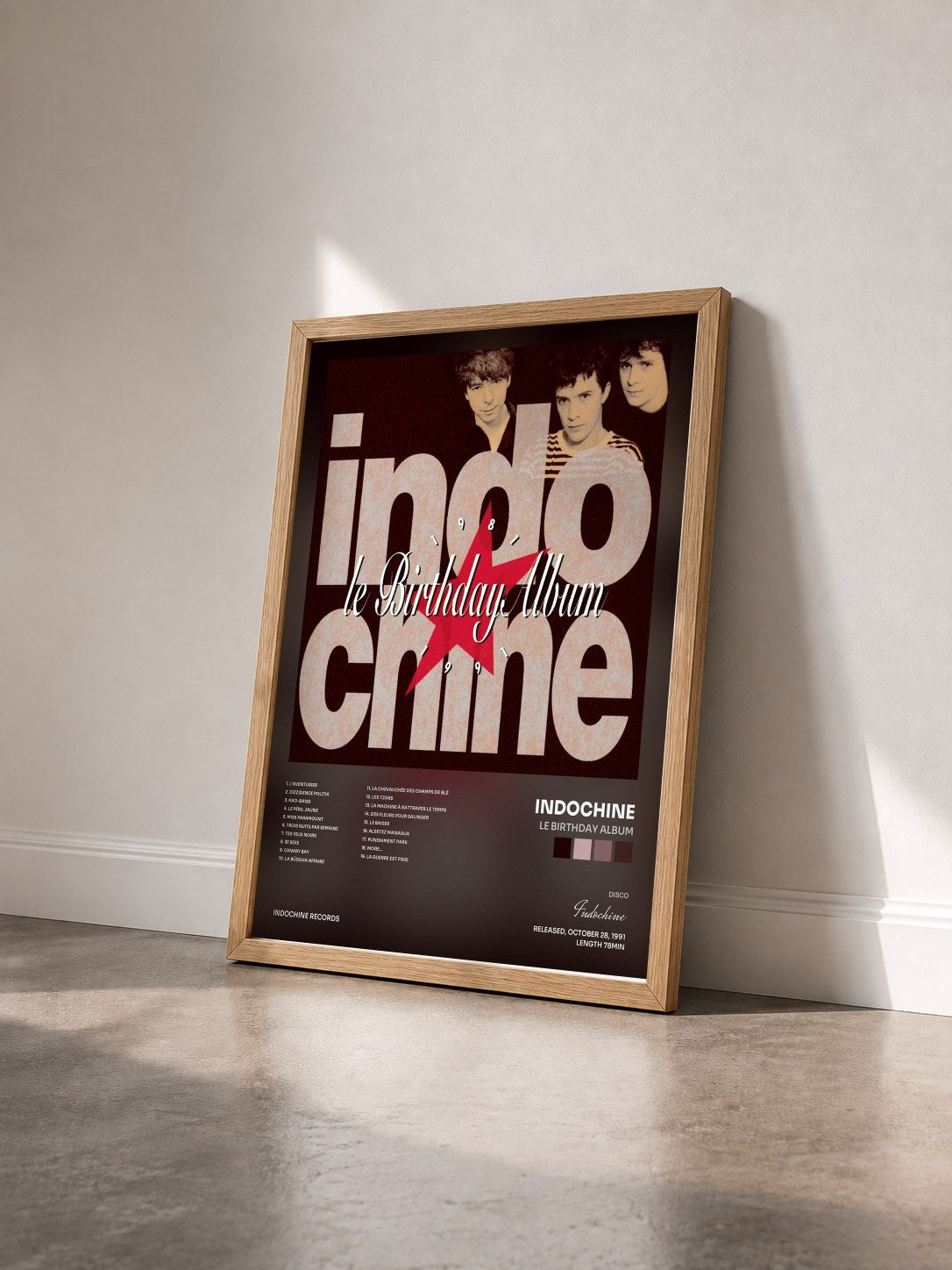 #bois Tableau de l'album Le Birthday album de Indochine vu de trois quarts, cadre en bois brut