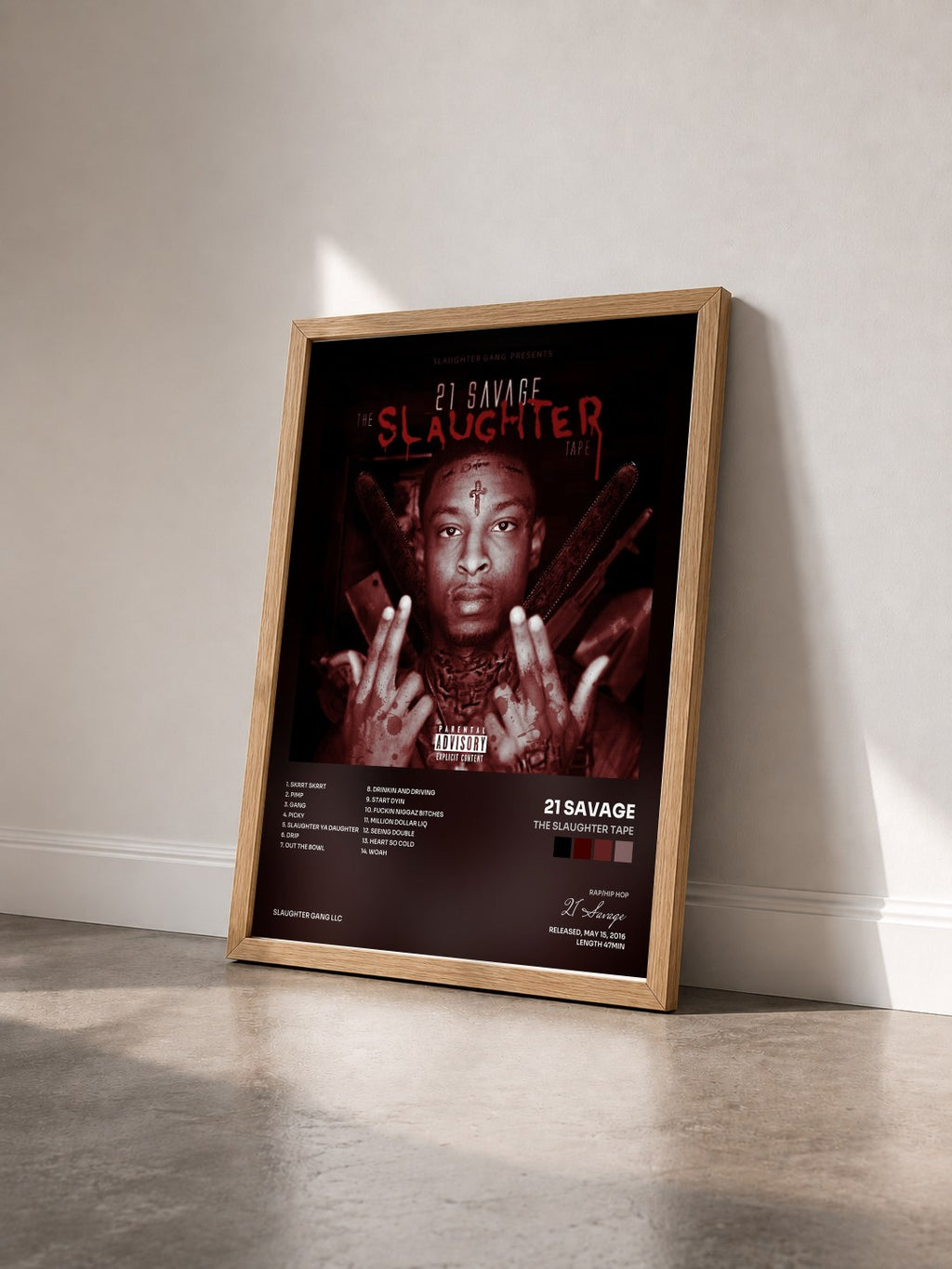 #bois Tableau de l'album The Slaughter Tape de 21 Savage vu de trois quarts, cadre en bois brut