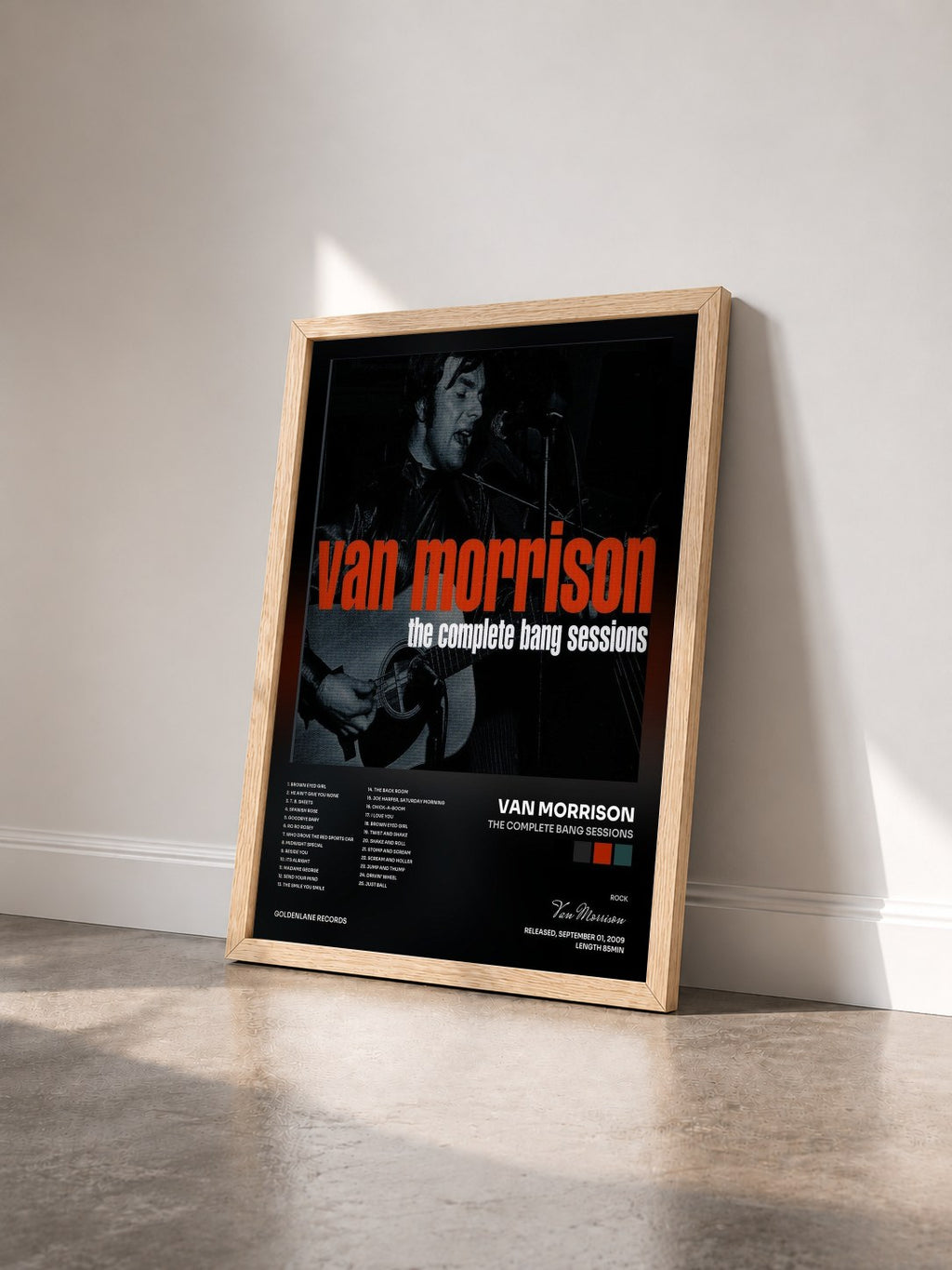 #bois Tableau de l'album The Complete Bang Sessions de Van Morrison vu de trois quarts, cadre en bois brut