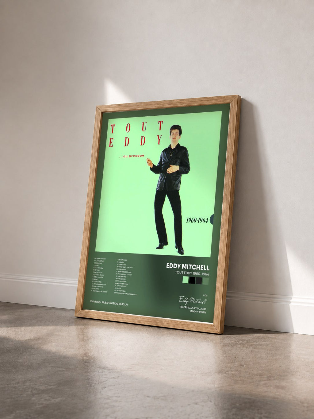 #bois Tableau de l'album Tout Eddy 1960-1964 de Eddy Mitchell vu de trois quarts, cadre en bois brut