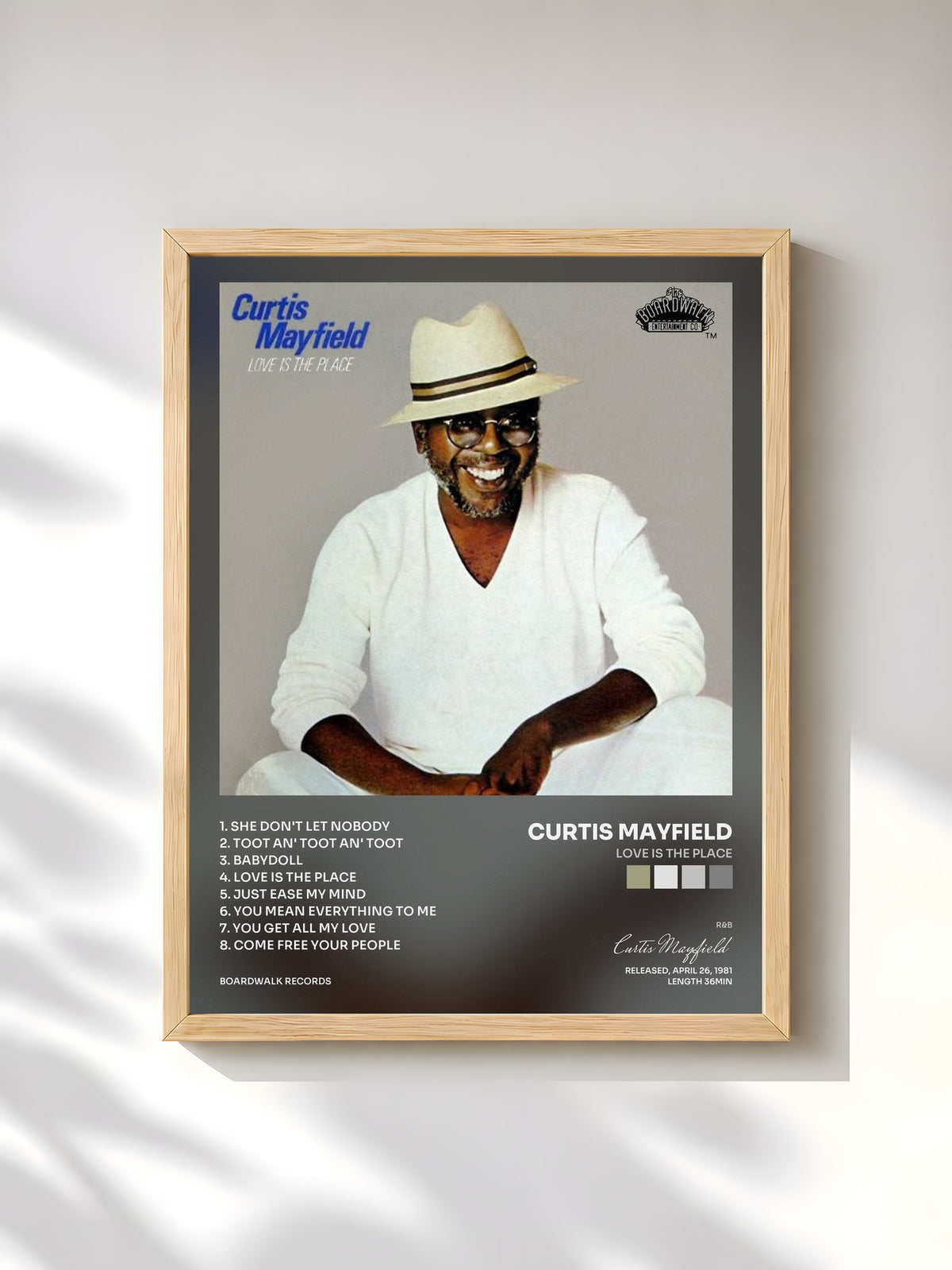 #bois Tableau de l'album Love is the Place de Curtis Mayfield, cadre en bois brut, imprimé et encadré en France