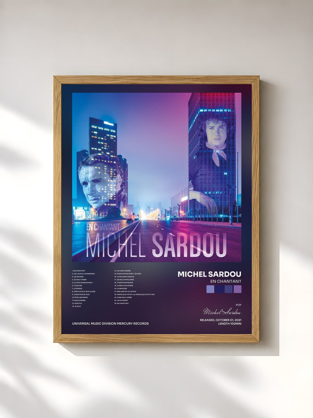 #bois Tableau de l'album En chantant de Michel Sardou, cadre en bois brut, imprimé et encadré en France