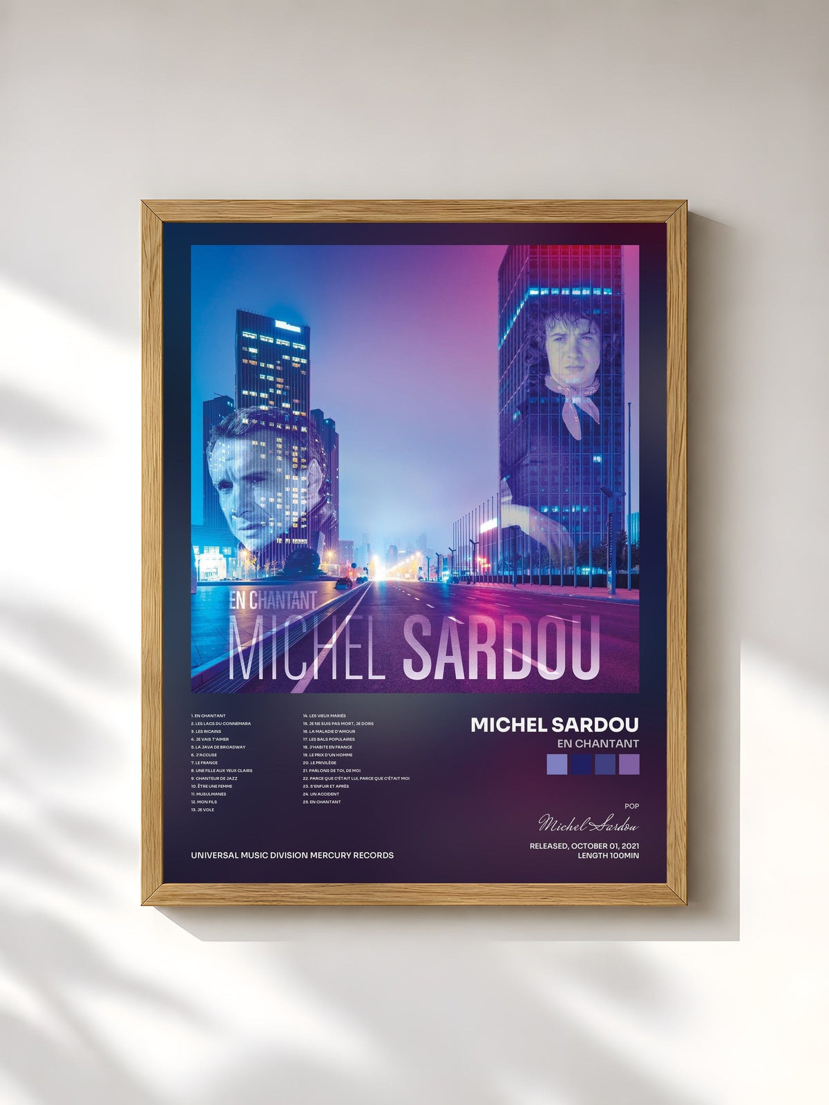 #bois Tableau de l'album En chantant de Michel Sardou, cadre en bois brut, imprimé et encadré en France