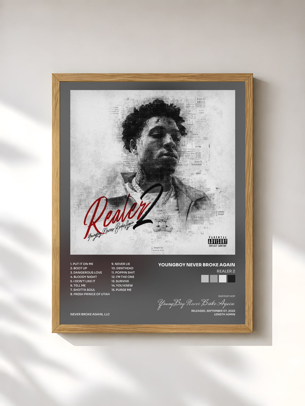 #bois Tableau de l'album Realer 2 de YoungBoy Never Broke Again, cadre en bois brut, imprimé et encadré en France