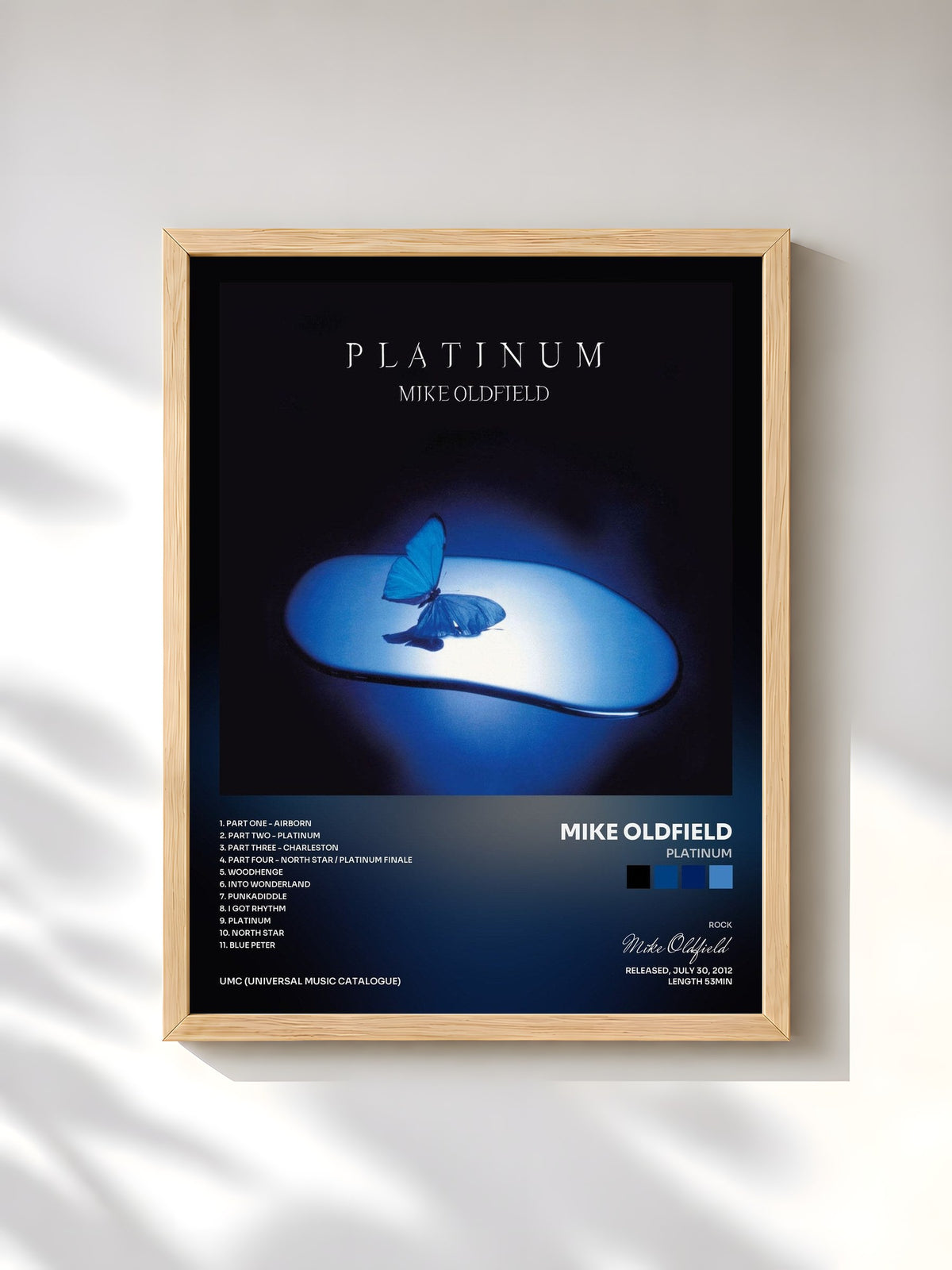 #bois Tableau de l'album Platinum de Mike Oldfield, cadre en bois brut, imprimé et encadré en France