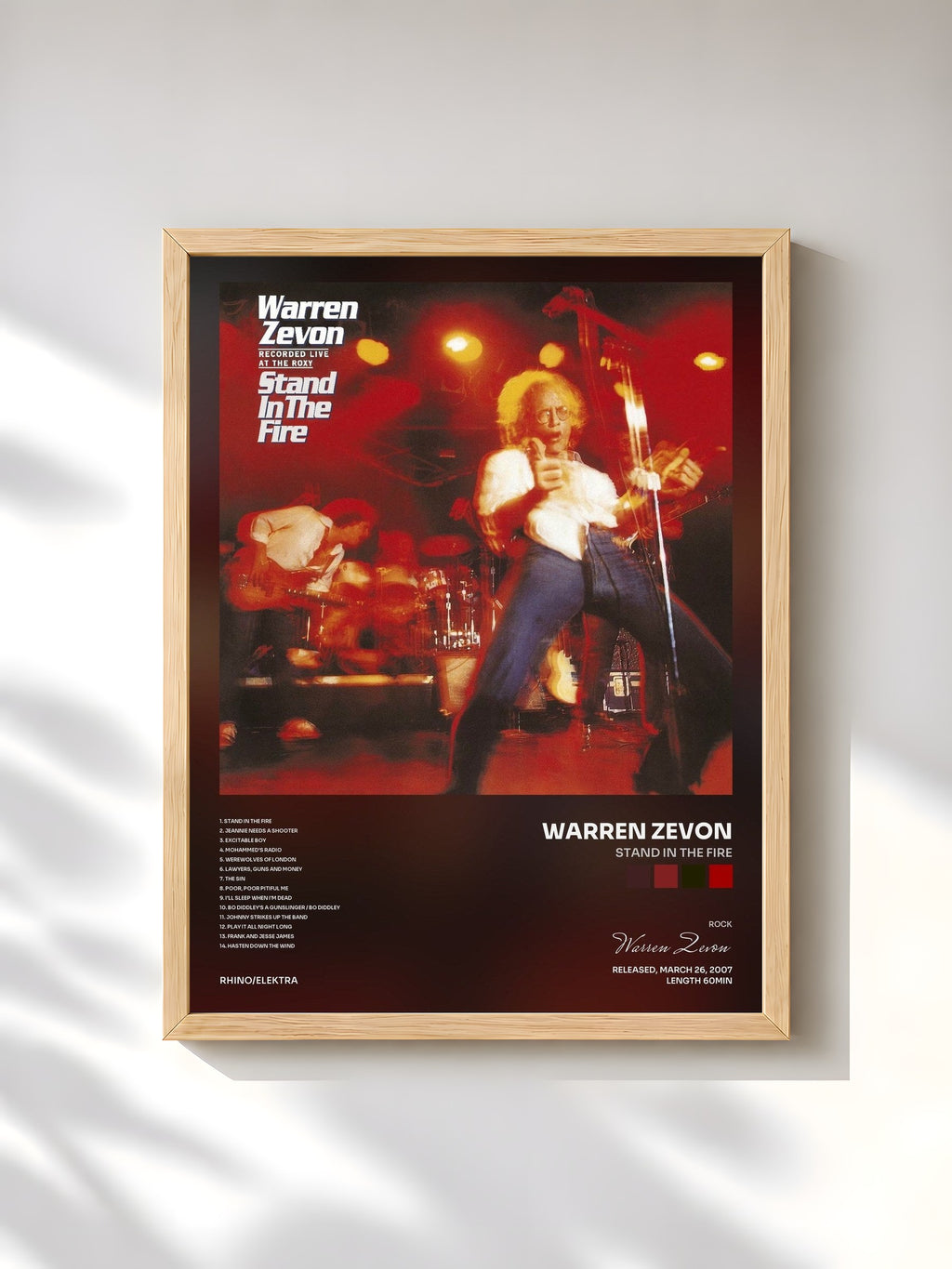 #bois Tableau de l'album Stand in the Fire de Warren Zevon, cadre en bois brut, imprimé et encadré en France