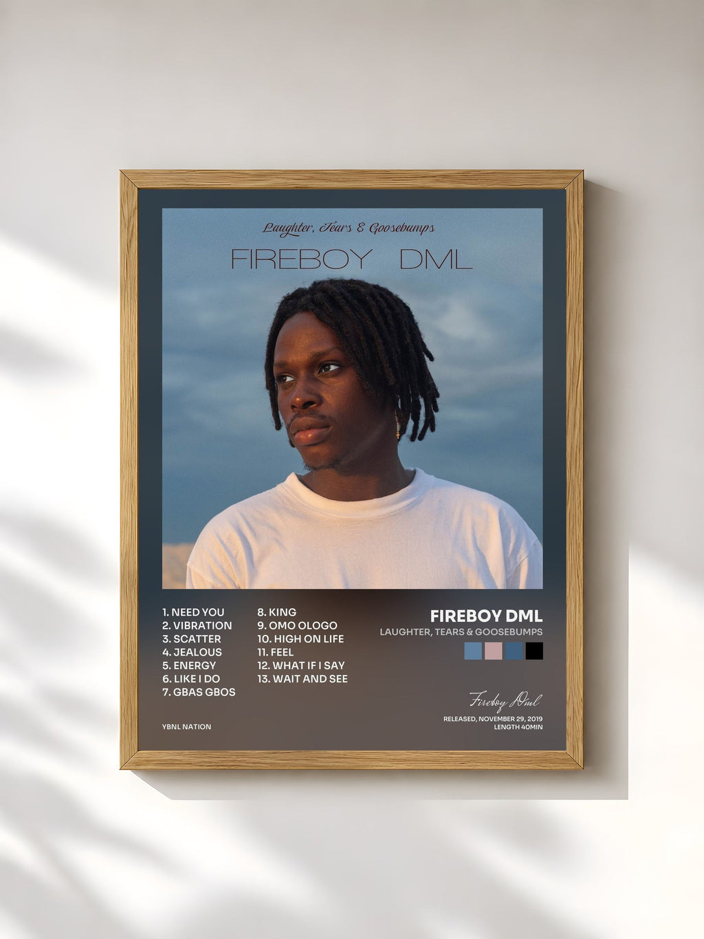 #bois Tableau de l'album Laughter, Tears & Goosebumps de Fireboy Dml, cadre en bois brut, imprimé et encadré en France