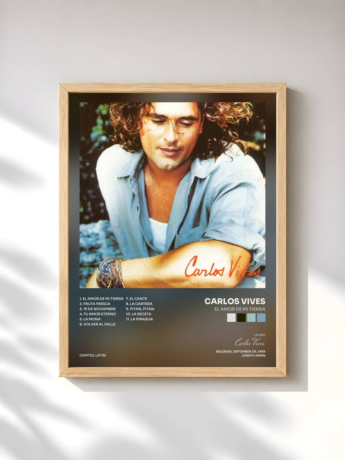 #bois Tableau de l'album El Amor De Mi Tierra de Carlos Vives, cadre en bois brut, imprimé et encadré en France