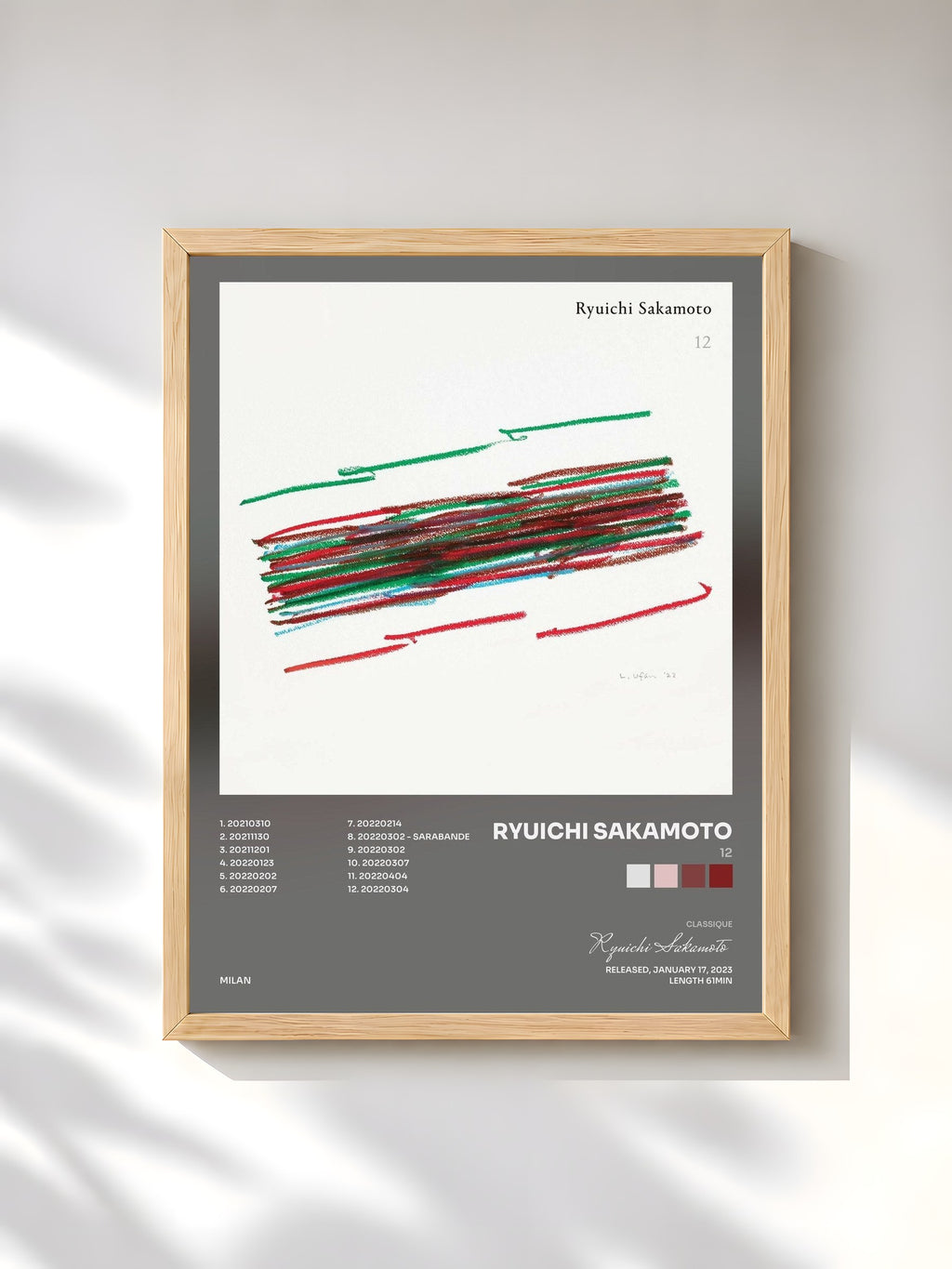 #bois Tableau de l'album 12 de Ryuichi Sakamoto, cadre en bois brut, imprimé et encadré en France