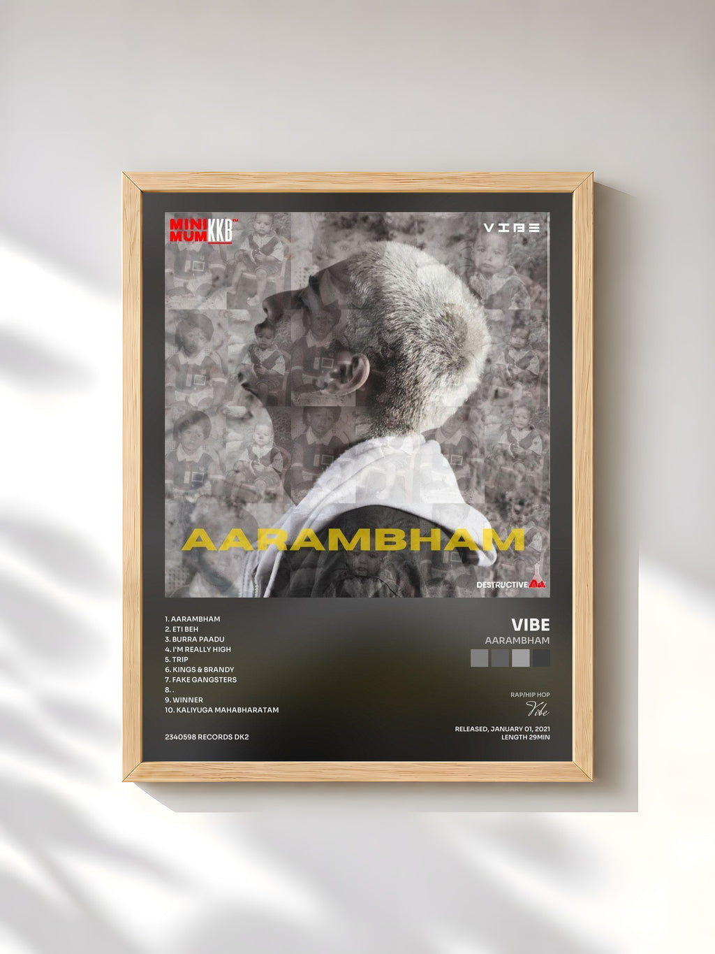 #bois Tableau de l'album Aarambham de Vibe, cadre en bois brut, imprimé et encadré en France