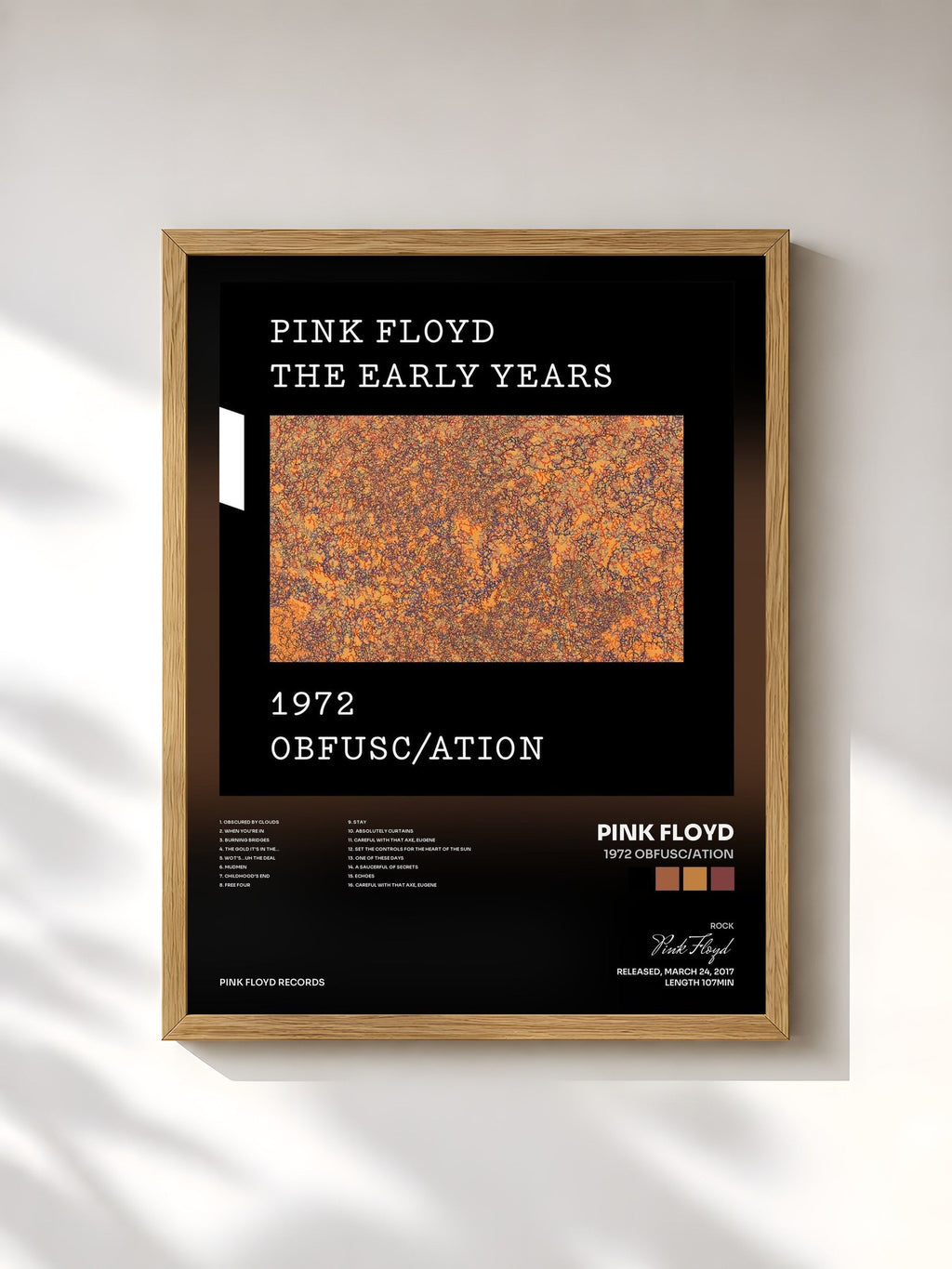 #bois Tableau de l'album 1972 Obfusc/ation de Pink Floyd, cadre en bois brut, imprimé et encadré en France