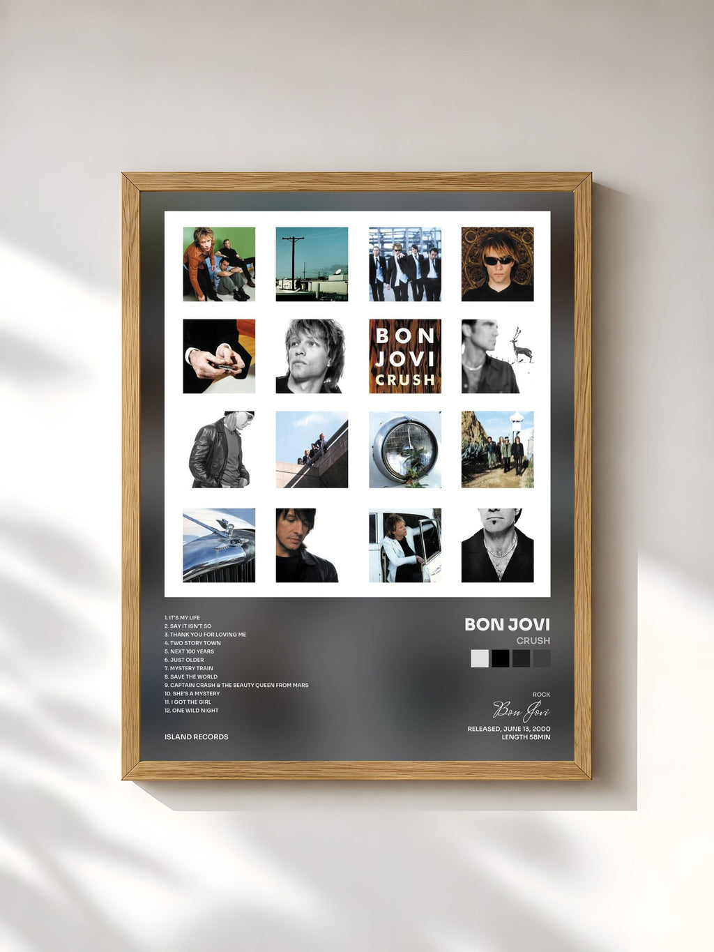 #bois Tableau de l'album Crush de Bon Jovi, cadre en bois brut, imprimé et encadré en France