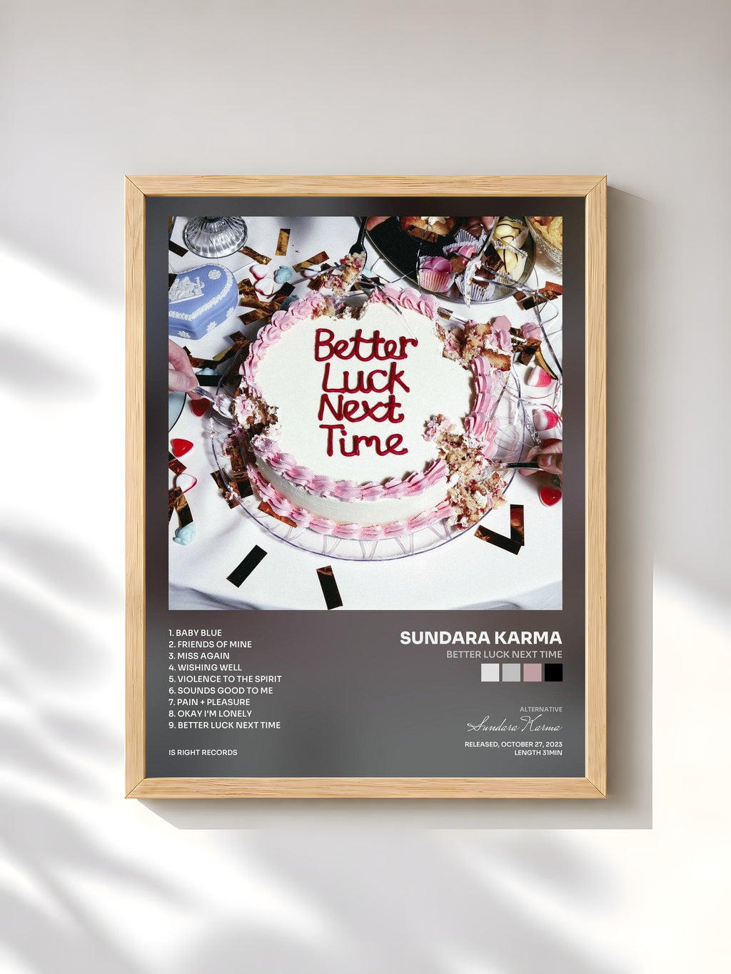 #bois Tableau de l'album Better Luck Next Time de Sundara Karma, cadre en bois brut, imprimé et encadré en France