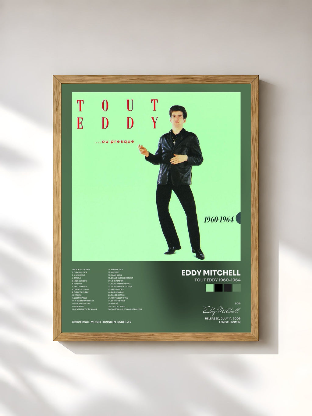 #bois Tableau de l'album Tout Eddy 1960-1964 de Eddy Mitchell, cadre en bois brut, imprimé et encadré en France