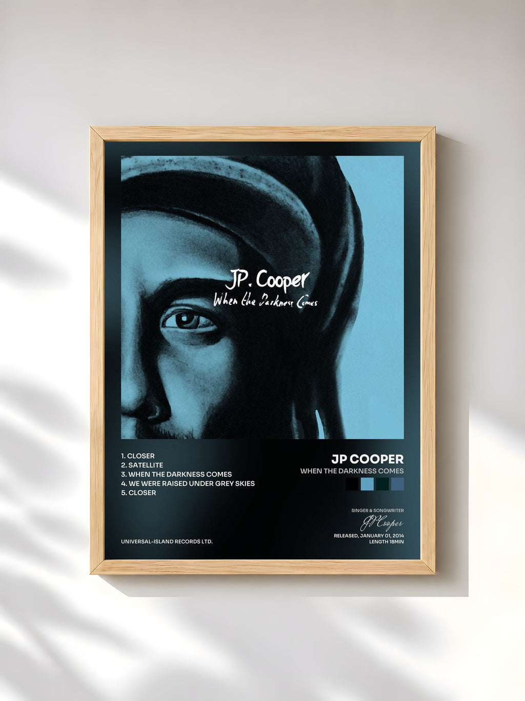 #bois Tableau de l'album When The Darkness Comes de JP Cooper, cadre en bois brut, imprimé et encadré en France