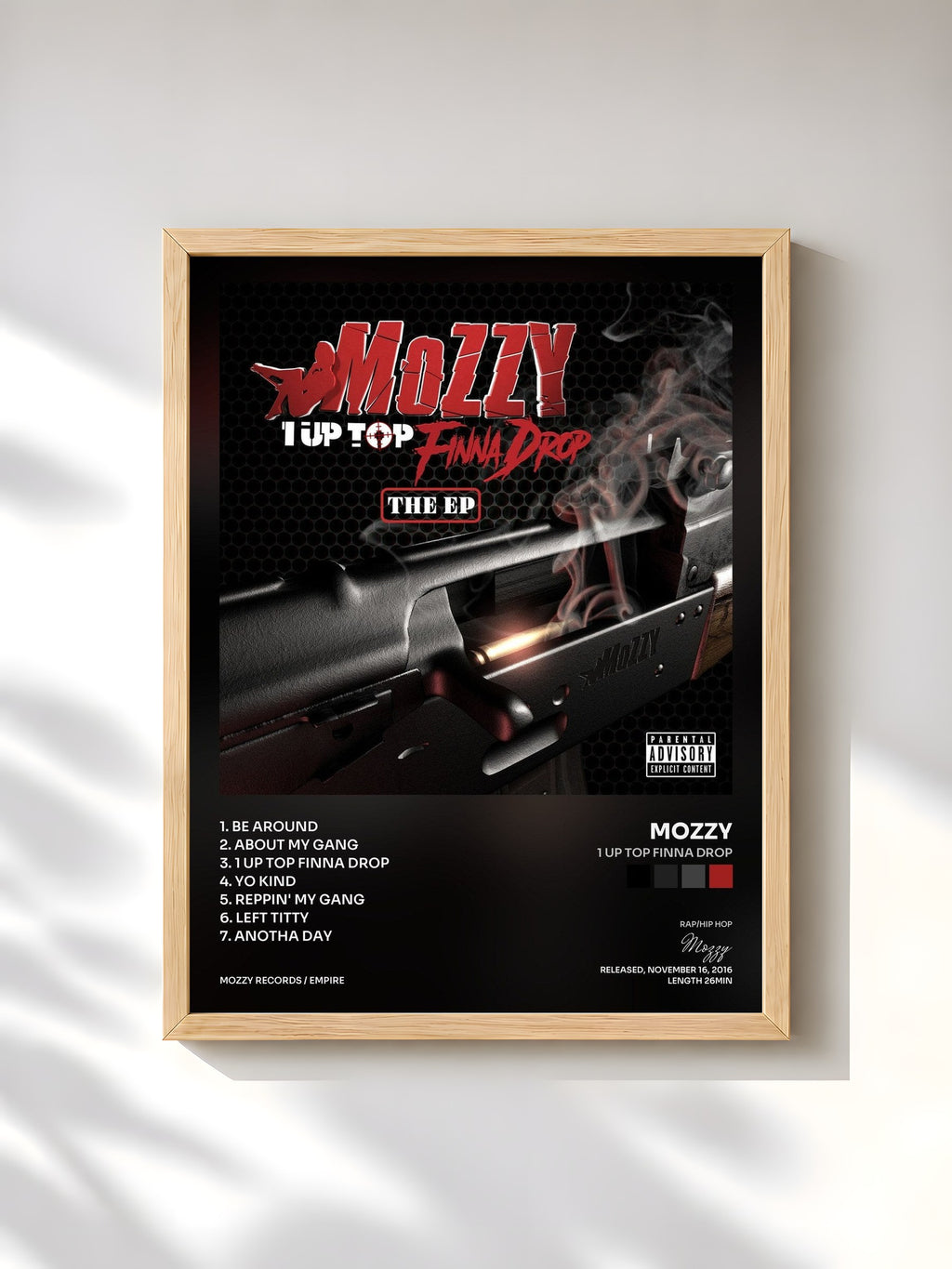 #bois Tableau de l'album 1 Up Top Finna Drop de Mozzy, cadre en bois brut, imprimé et encadré en France