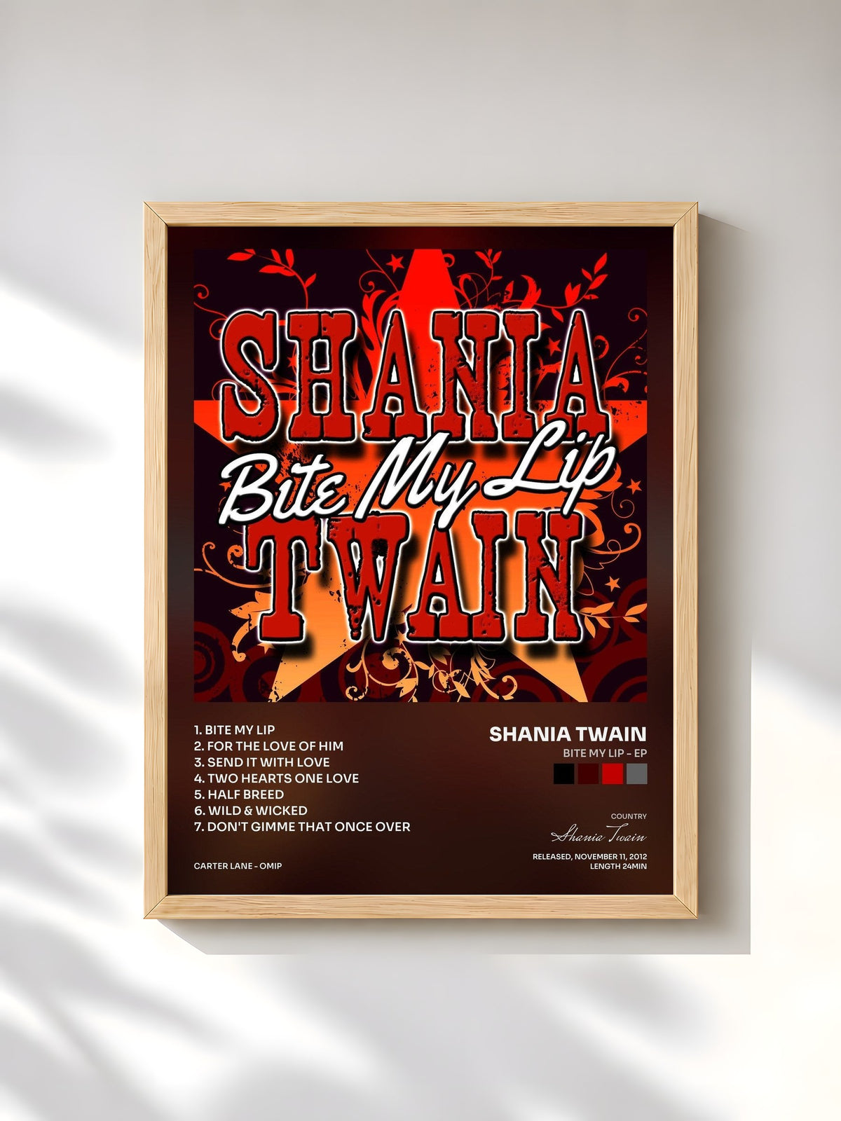 #bois Tableau de l'album Bite My Lip - EP de Shania Twain, cadre en bois brut, imprimé et encadré en France