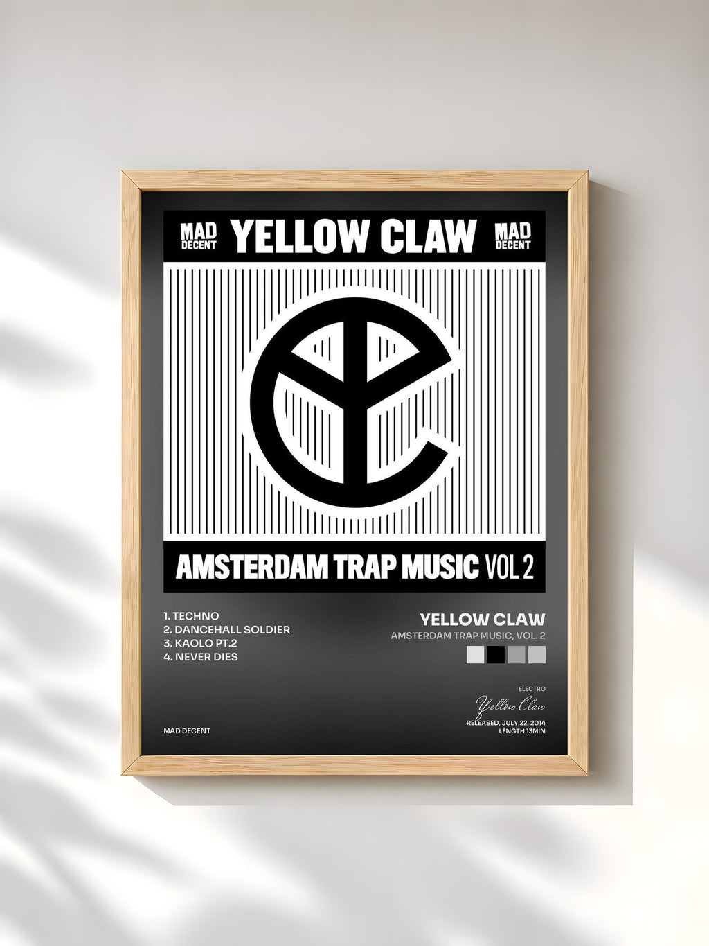 #bois Tableau de l'album Amsterdam Trap Music, Vol. 2 de Yellow Claw, cadre en bois brut, imprimé et encadré en France