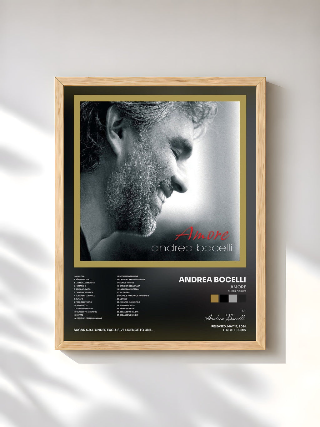 #bois Tableau de l'album Amore (Super Deluxe) de Andrea Bocelli, cadre en bois brut, imprimé et encadré en France