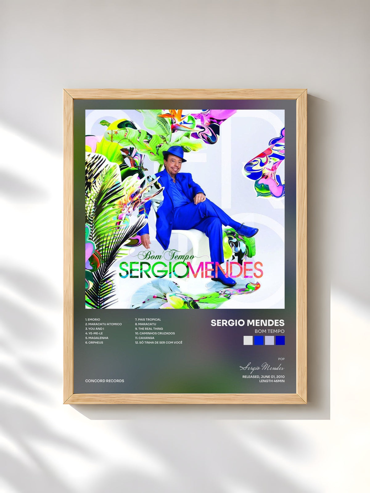#bois Tableau de l'album Bom Tempo de Sergio Mendes, cadre en bois brut, imprimé et encadré en France