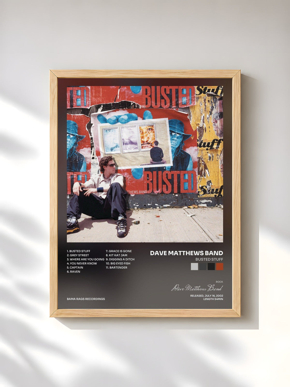 #bois Tableau de l'album Busted Stuff de Dave Matthews Band, cadre en bois brut, imprimé et encadré en France
