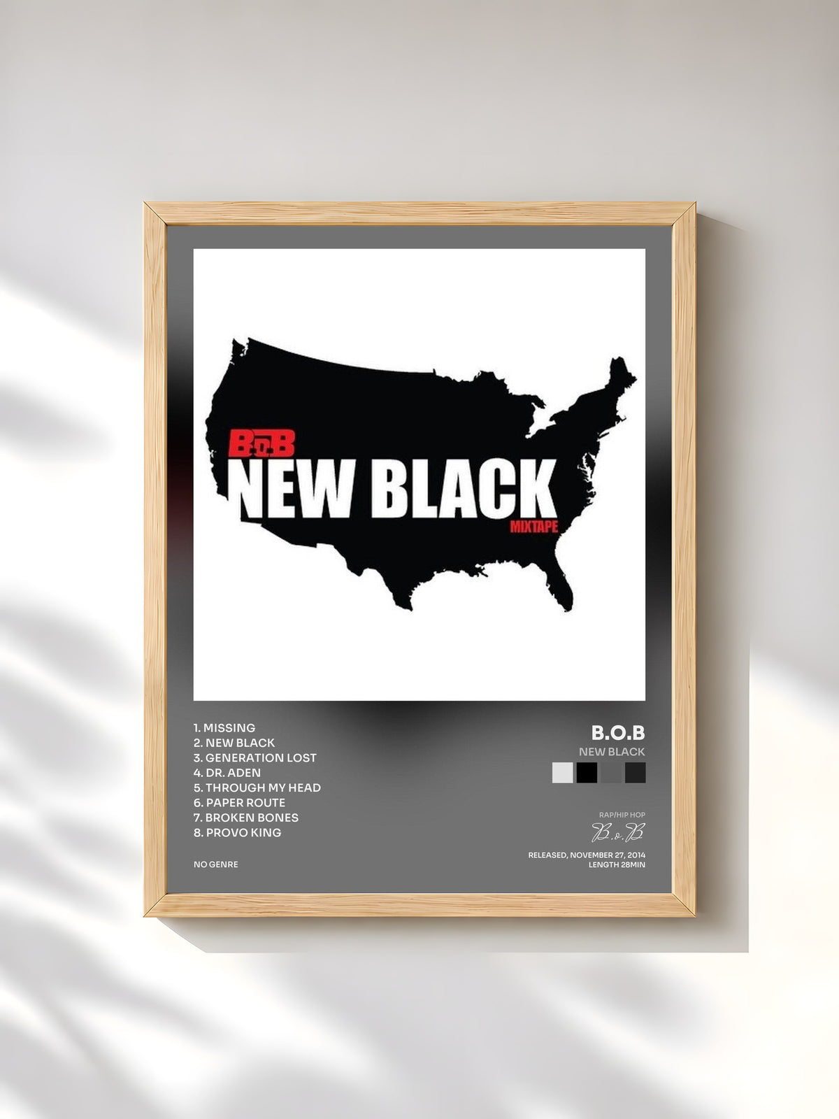 #bois Tableau de l'album New Black de B.o.B, cadre en bois brut, imprimé et encadré en France
