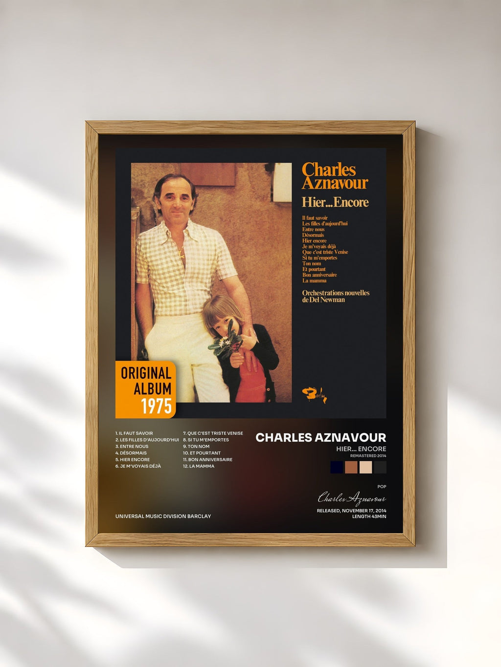 #bois Tableau de l'album Hier... Encore (Remastered 2014) de Charles Aznavour, cadre en bois brut, imprimé et encadré en France