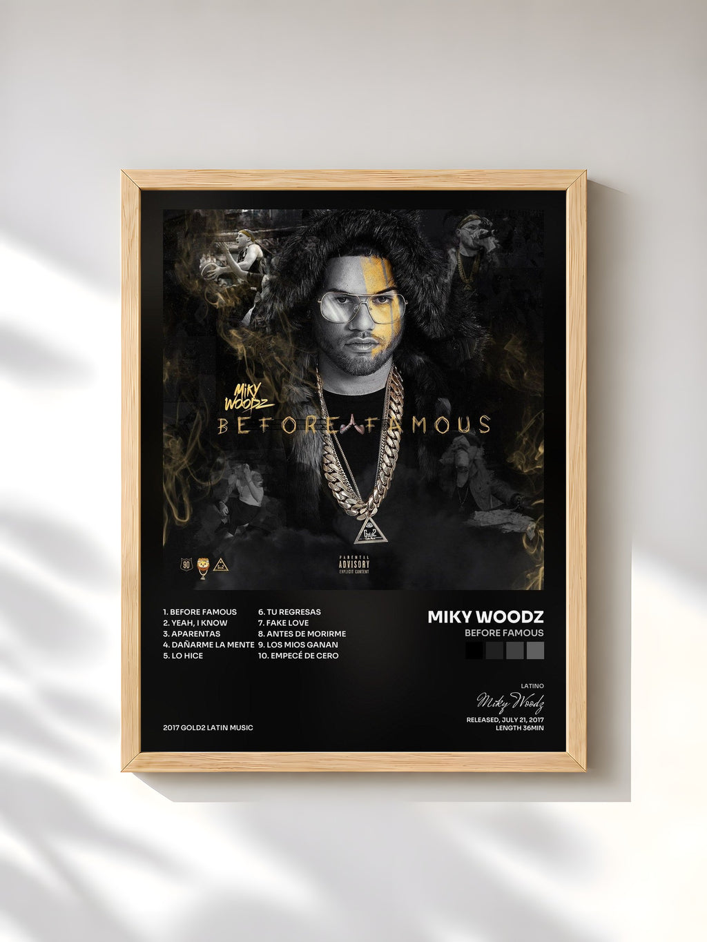#bois Tableau de l'album Before Famous de Miky Woodz, cadre en bois brut, imprimé et encadré en France