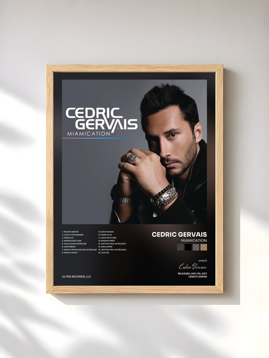#bois Tableau de l'album Miamication de Cedric Gervais, cadre en bois brut, imprimé et encadré en France